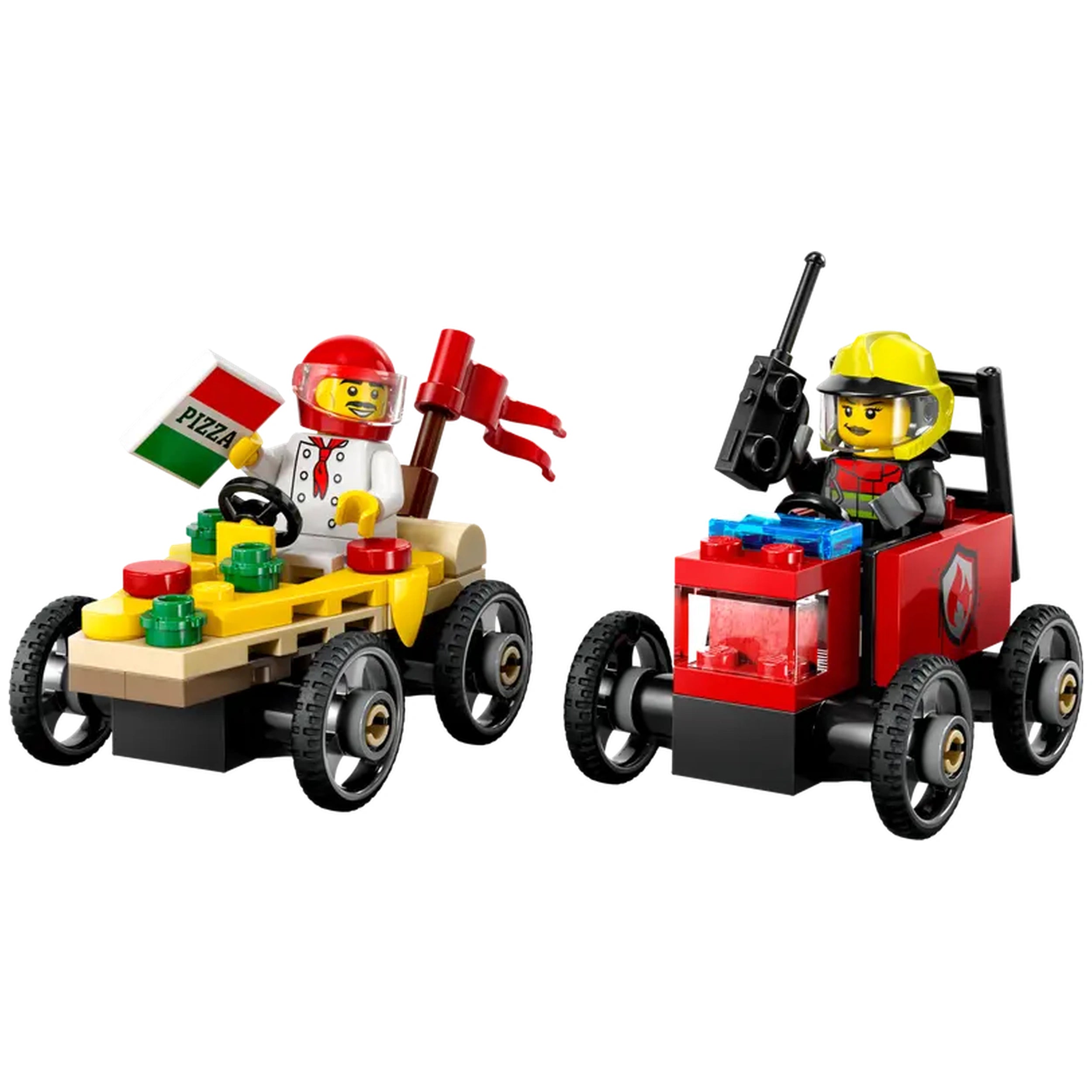 Two LEGO race cars side by side: a colorful pizza slice car with a chef minifigure holding a flag, and a red fire truck car with a firefighter minifigure holding a radio.
