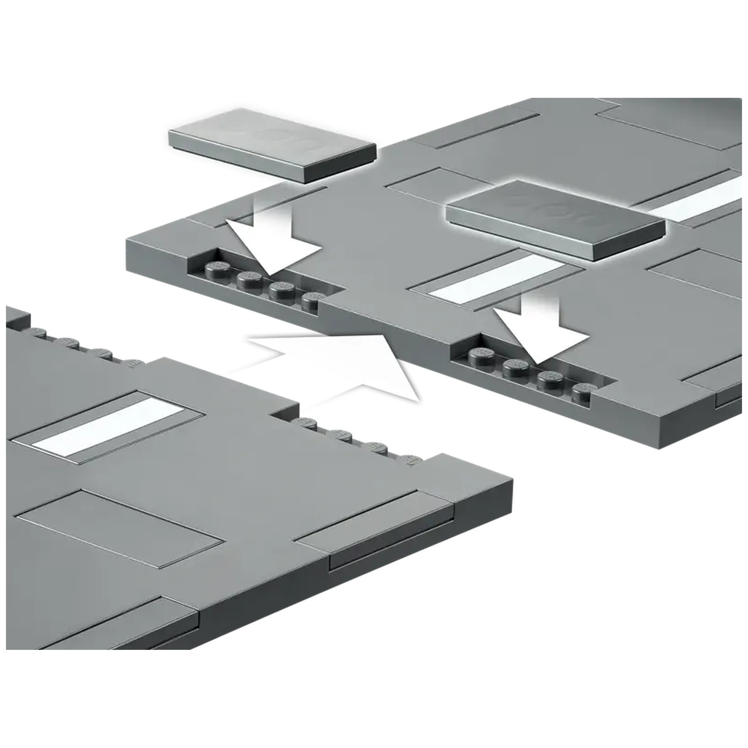 Five LEGO® City road plates in gray, featuring realistic lane markings and connection points for seamless assembly.