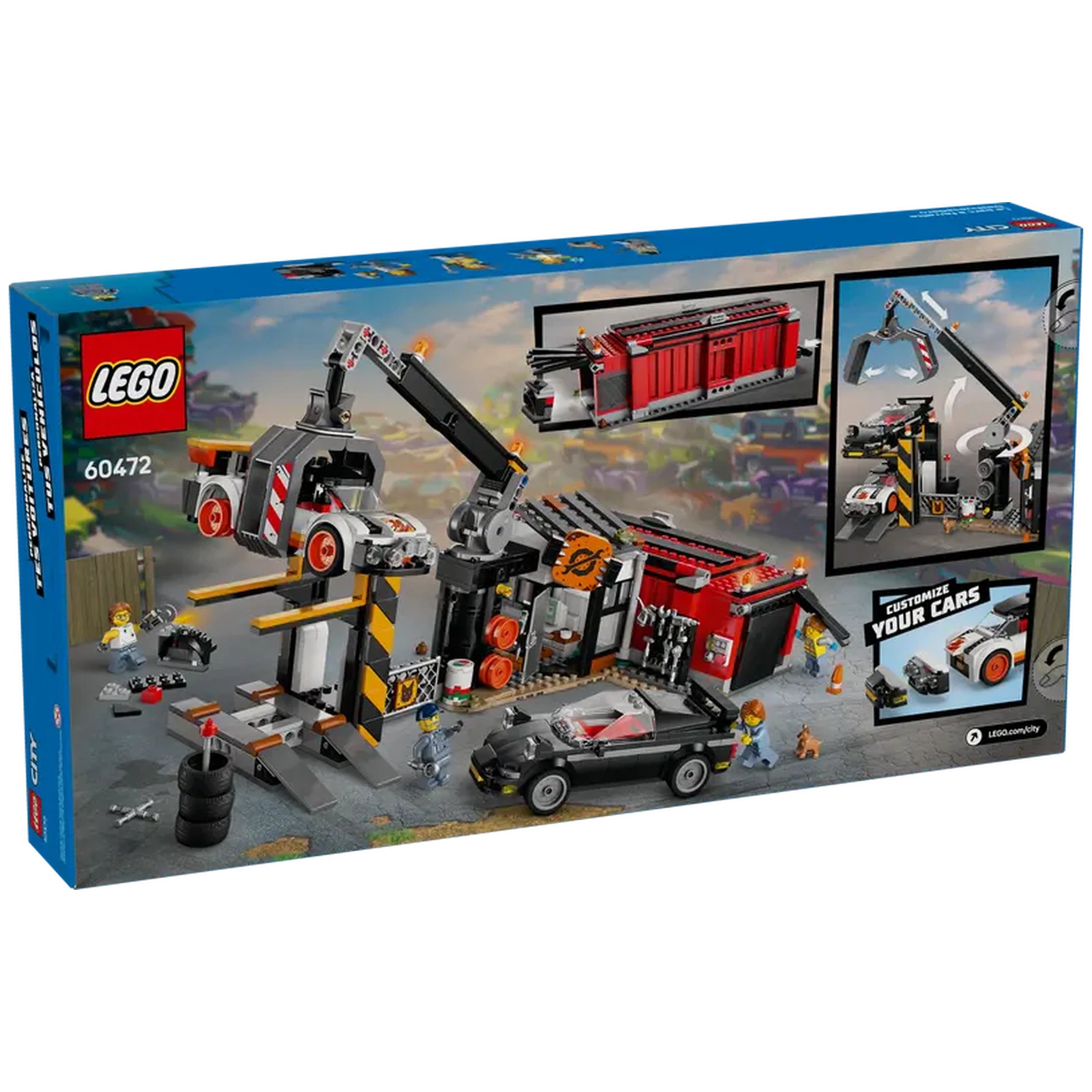 LEGO City Scrapyard construction set, featuring a claw crane, colorful cars, and a detailed recycling yard. Ideal for imaginative play.