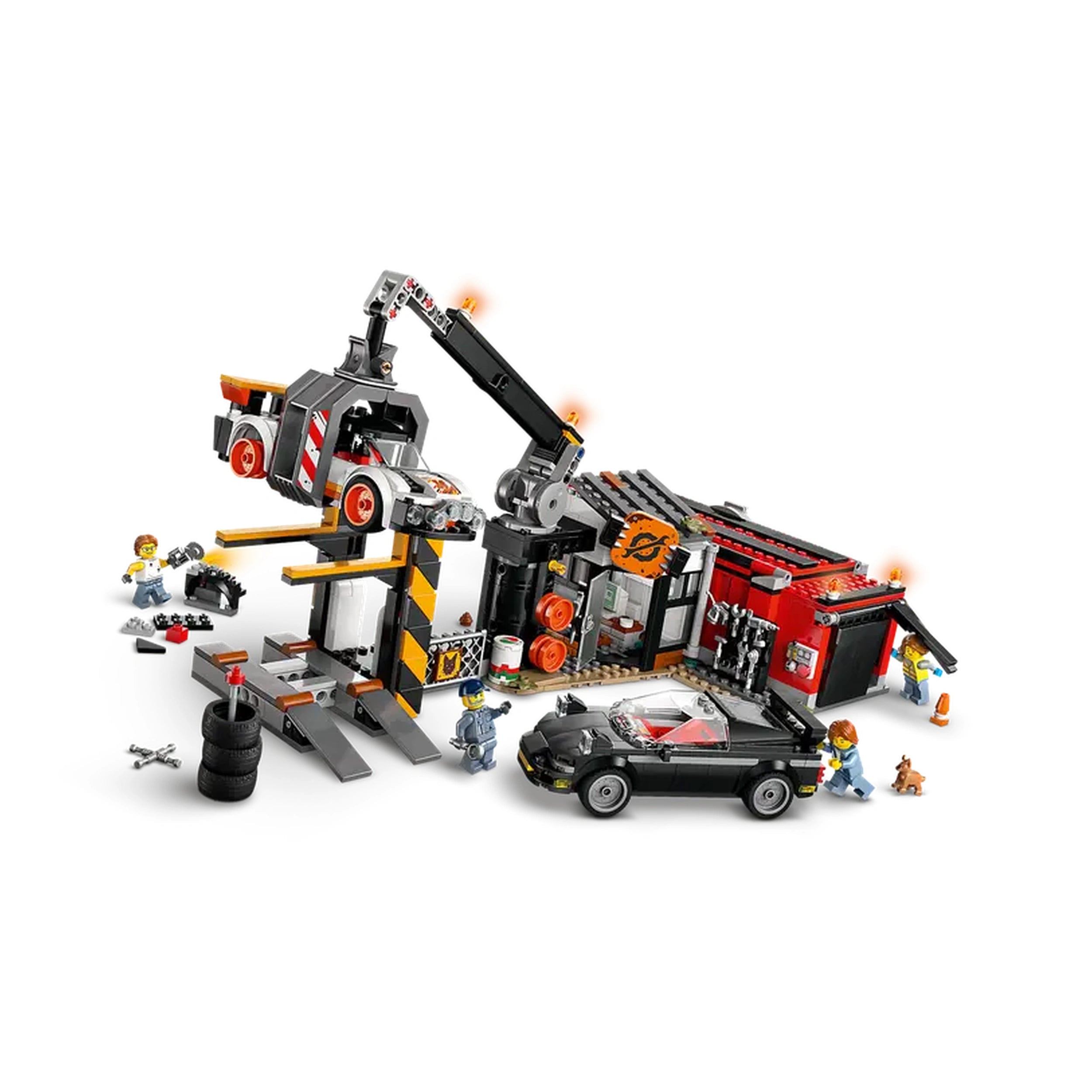 LEGO City Scrapyard construction set featuring a claw crane lifting a toy car, with two classic cars and three minifigures.