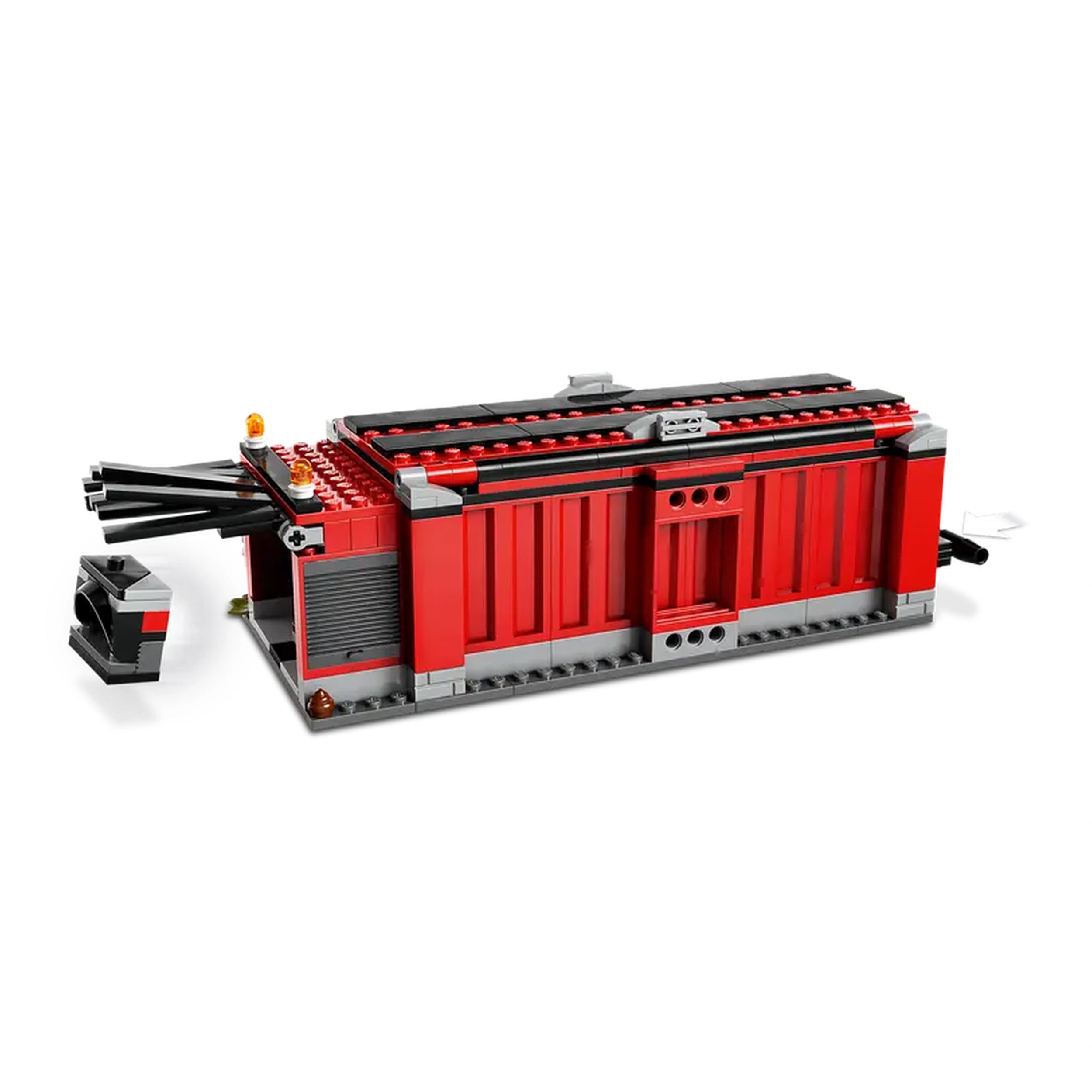 LEGO® City Scrapyard construction set featuring a red structure with black details and mechanical claws for recycling toy cars.