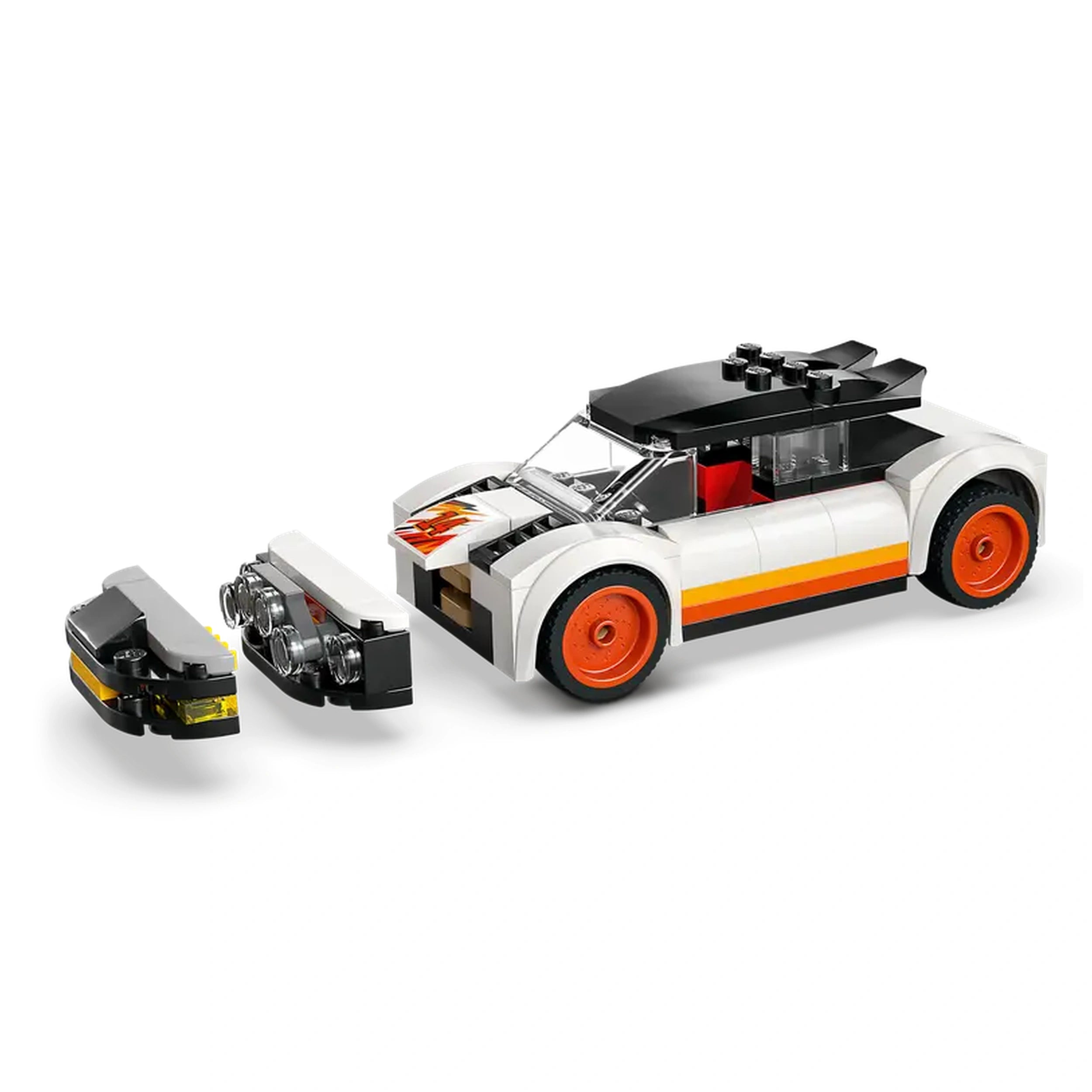 LEGO® City Scrapyard set featuring a sleek white racing car with orange wheels, showcasing detachable parts for imaginative play.