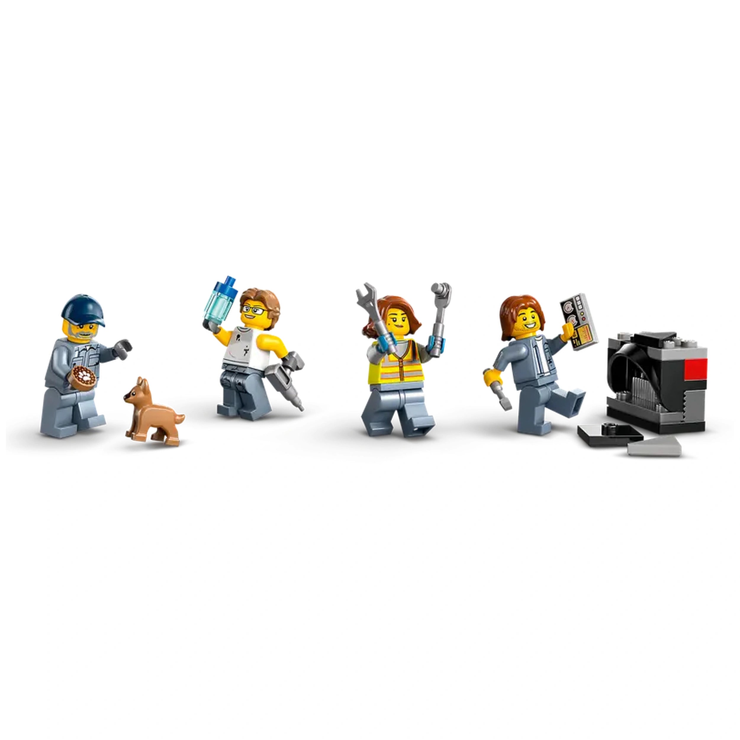 Four LEGO minifigures stand in a row, each engaged in different activities related to the scrapyard theme. The first figure in gray holds a cookie and interacts with a small brown dog. Next, a bespectacled character wields a blue water gun. The third figure in a yellow vest holds a wrench, while the fourth, dressed in gray, is playfully pointing at a toy crusher with a cassette tape. Each figure displays vibrant colors, contributing to an imaginative construction playset atmosphere
