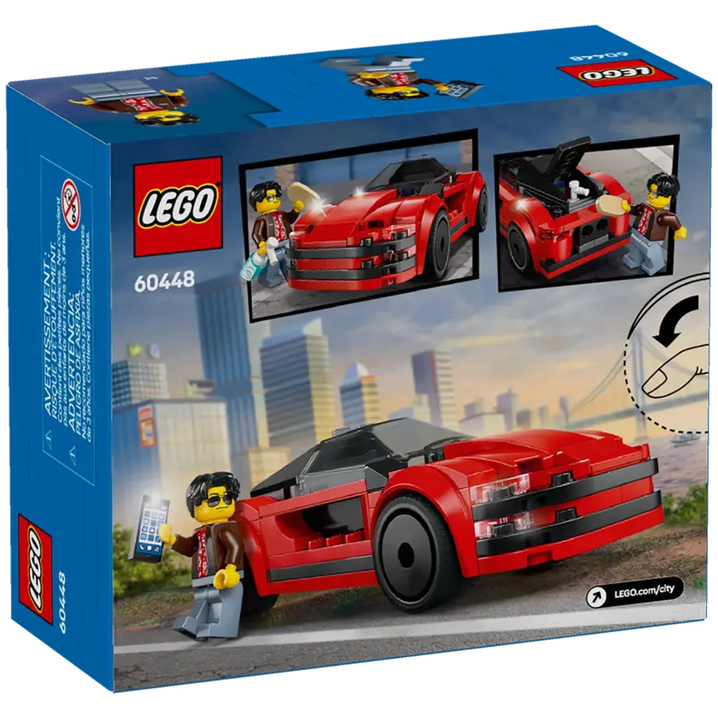 LEGO® City Sports Car construction set packaging featuring a vibrant red sports car, driver minifigure with sunglasses, and city skyline backdrop.