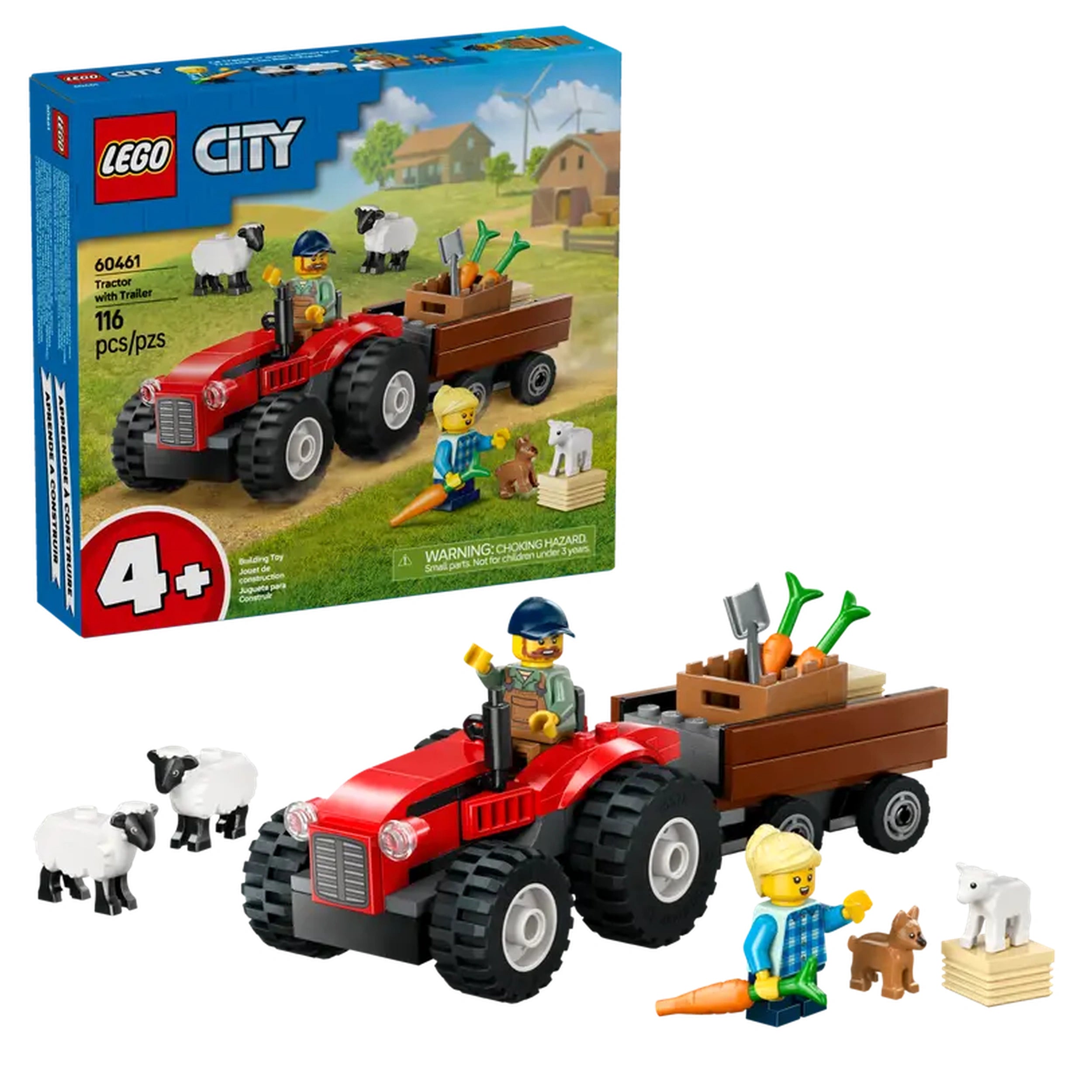 LEGO City Red Tractor with Trailer set featuring a bright red tractor, detachable trailer, farmer and daughter minifigures, sheep, lamb, and puppy figures.