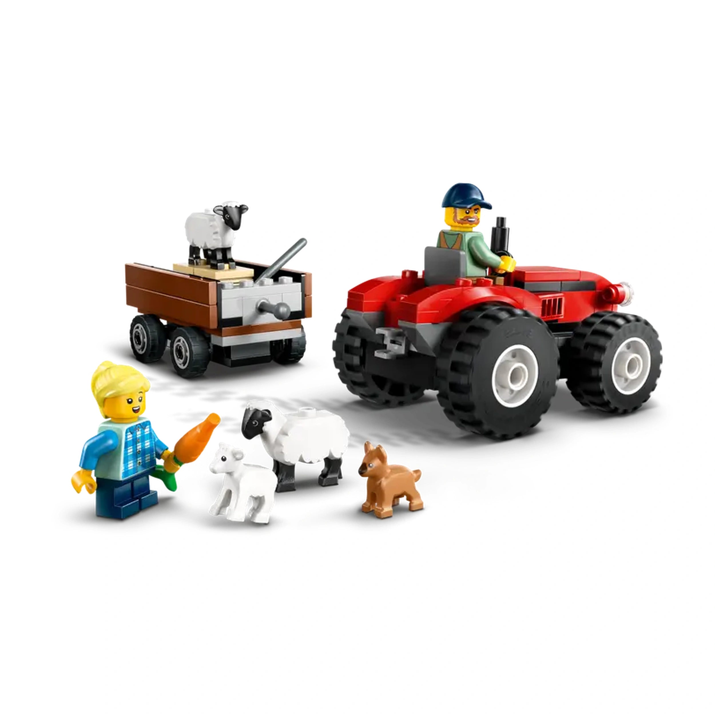 LEGO City red farm tractor with a detachable trailer, a farmer, his daughter holding a carrot, two sheep, a lamb, and a puppy figure.