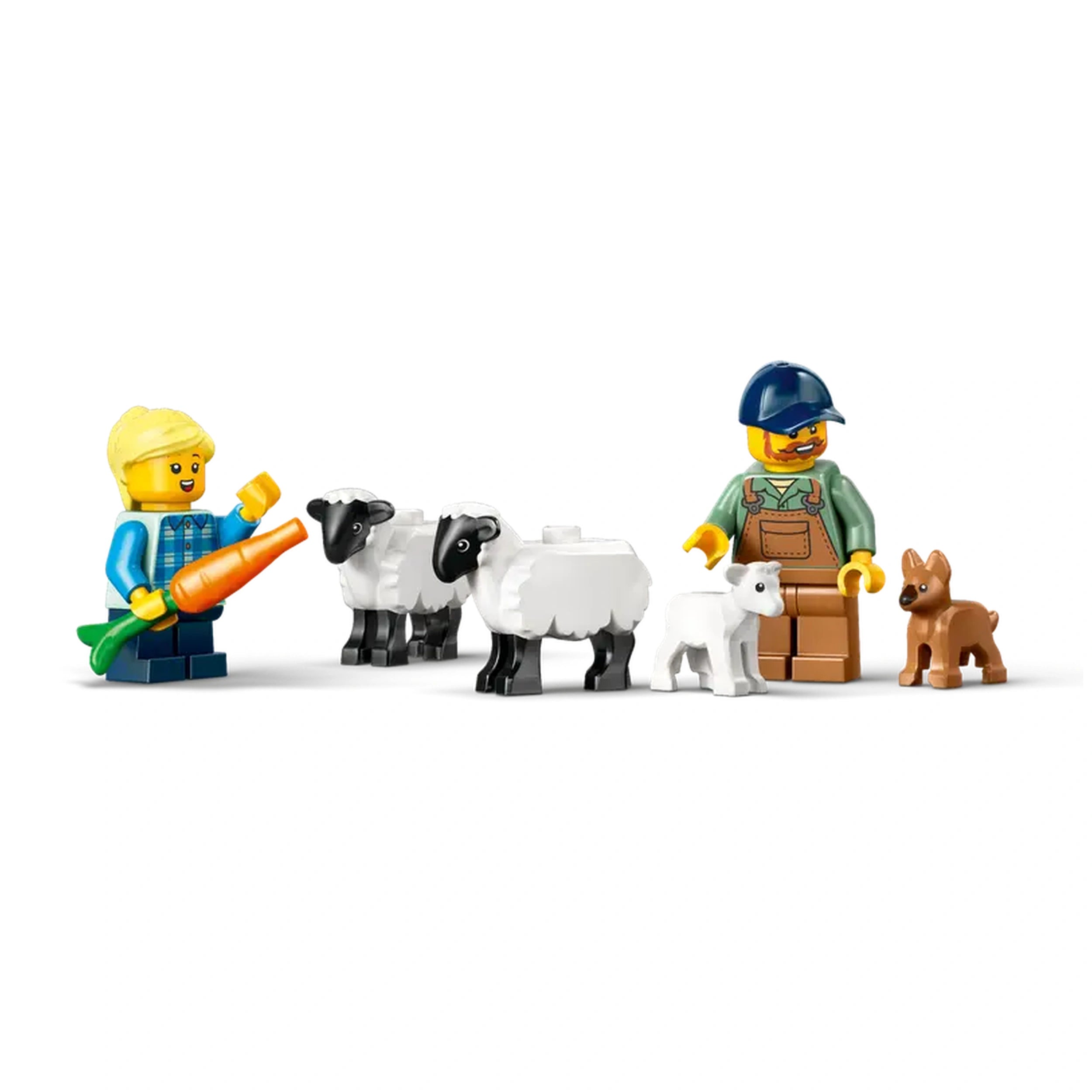 A boy holding a carrot stands next to two sheep, while a farmer with a blue hat and overalls watches. A small puppy and a lamb are also present.