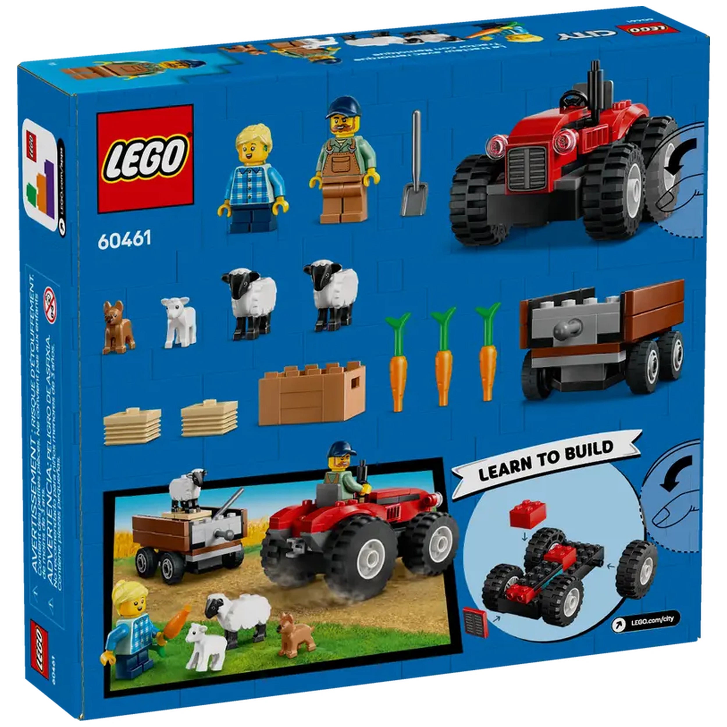 LEGO City construction set featuring a vibrant red tractor with a detachable trailer, farmer and daughter minifigures, sheep, a puppy, carrots, and building blocks on a blue background.