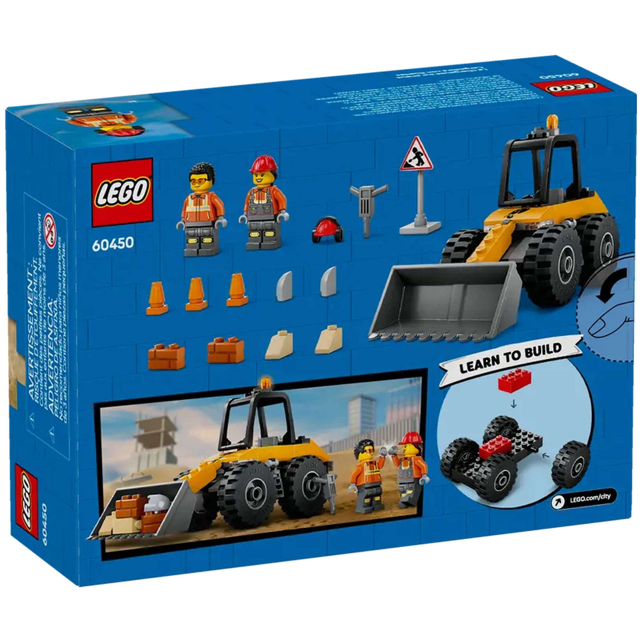 LEGO® City construction set featuring a yellow Wheel Loader, two worker minifigures, construction accessories, and a vibrant blue background.