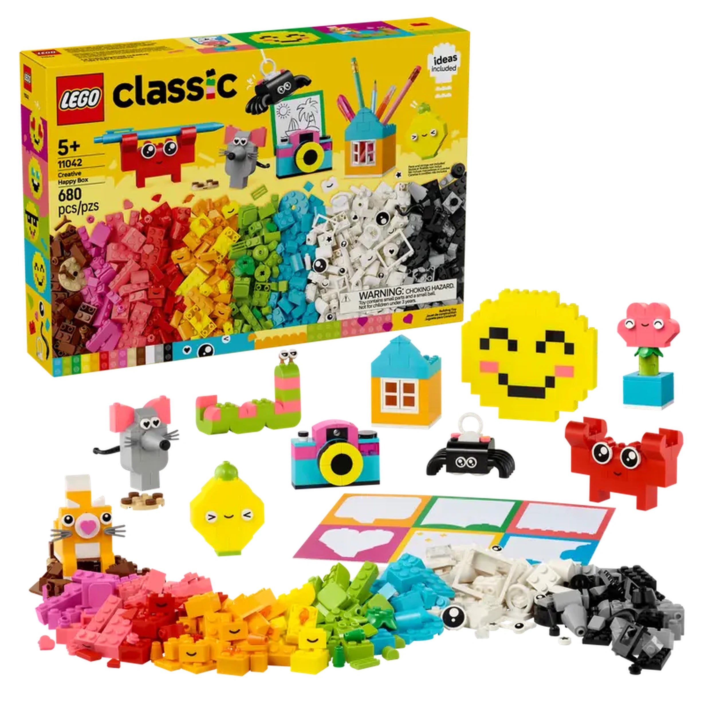 Colorful LEGO Classic Creative Happy Box set with 680 pieces, featuring vibrant bricks and playful models like a smiling emoji and a camera, arranged on a white background.