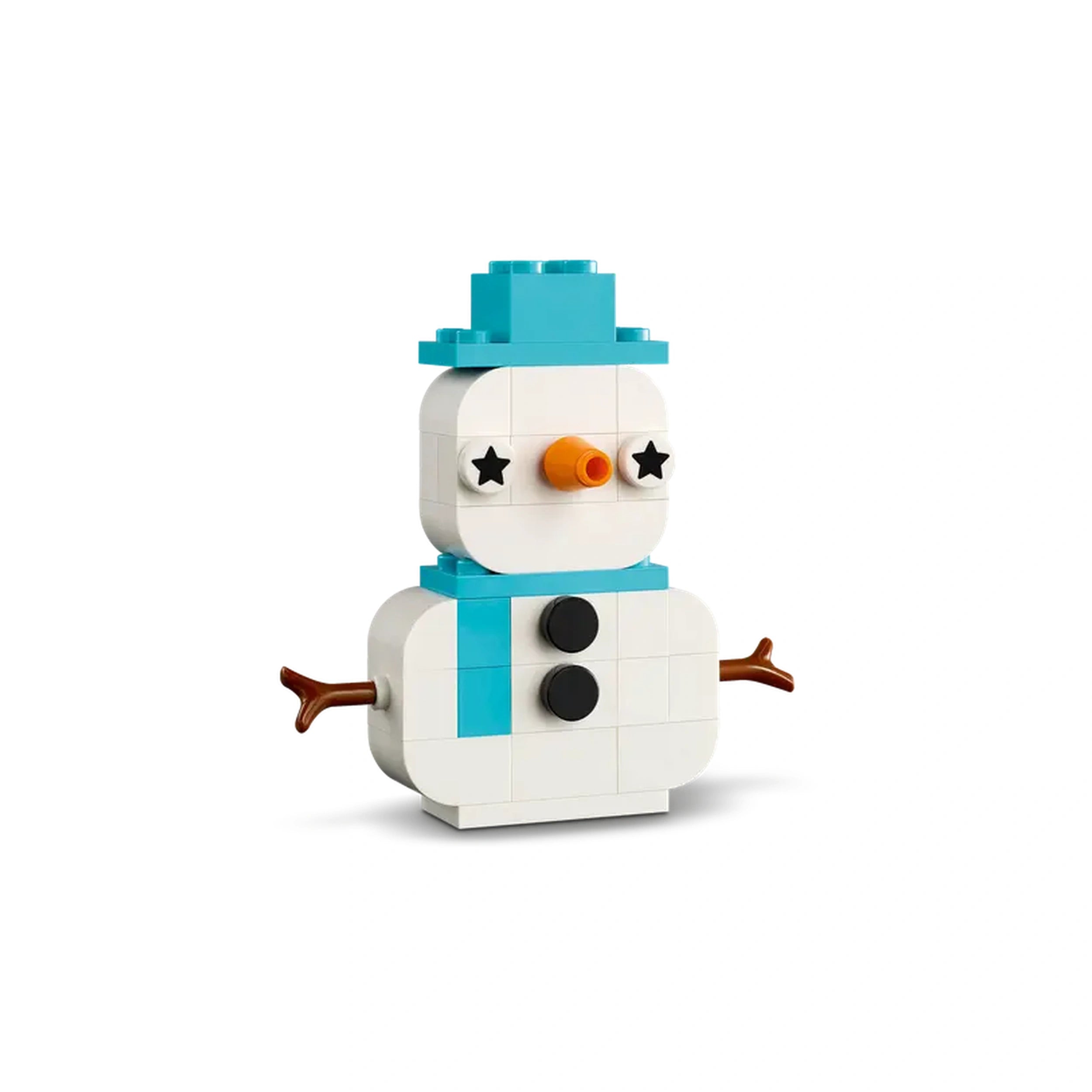 Colorful LEGO snowman figure with a blue hat, orange carrot nose, and starry eyes, featuring a blue scarf and branch arms.