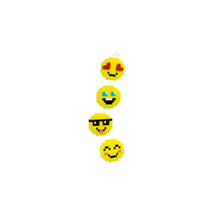 Four pixel-style emoji faces in bright yellow, featuring heart eyes, a smiling face, a winking face with glasses, and a blushing smile, arranged vertically on a white background.