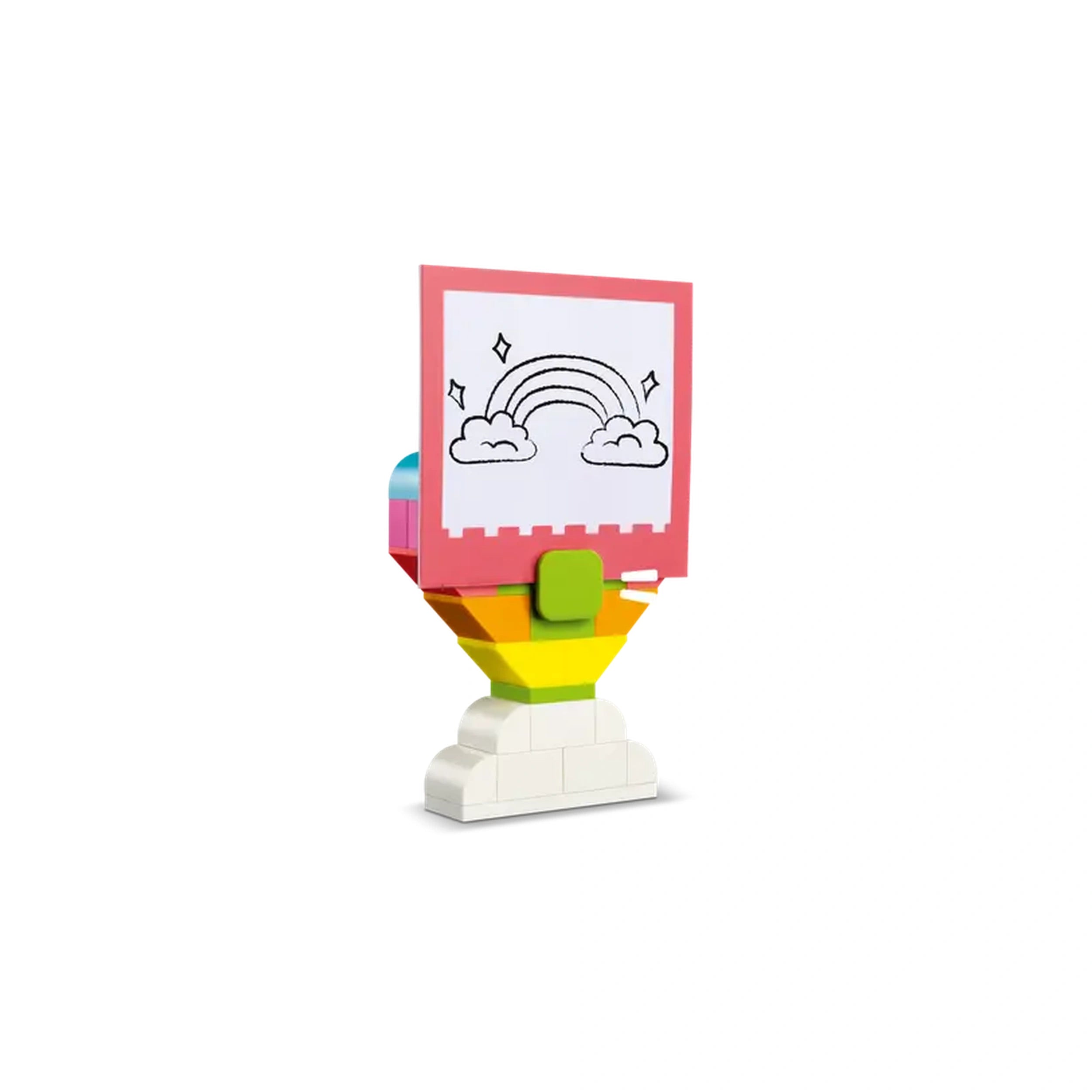 Colorful LEGO® construction set featuring a vibrant hot air balloon with a pink frame displaying a rainbow drawing, surrounded by multicolored bricks.