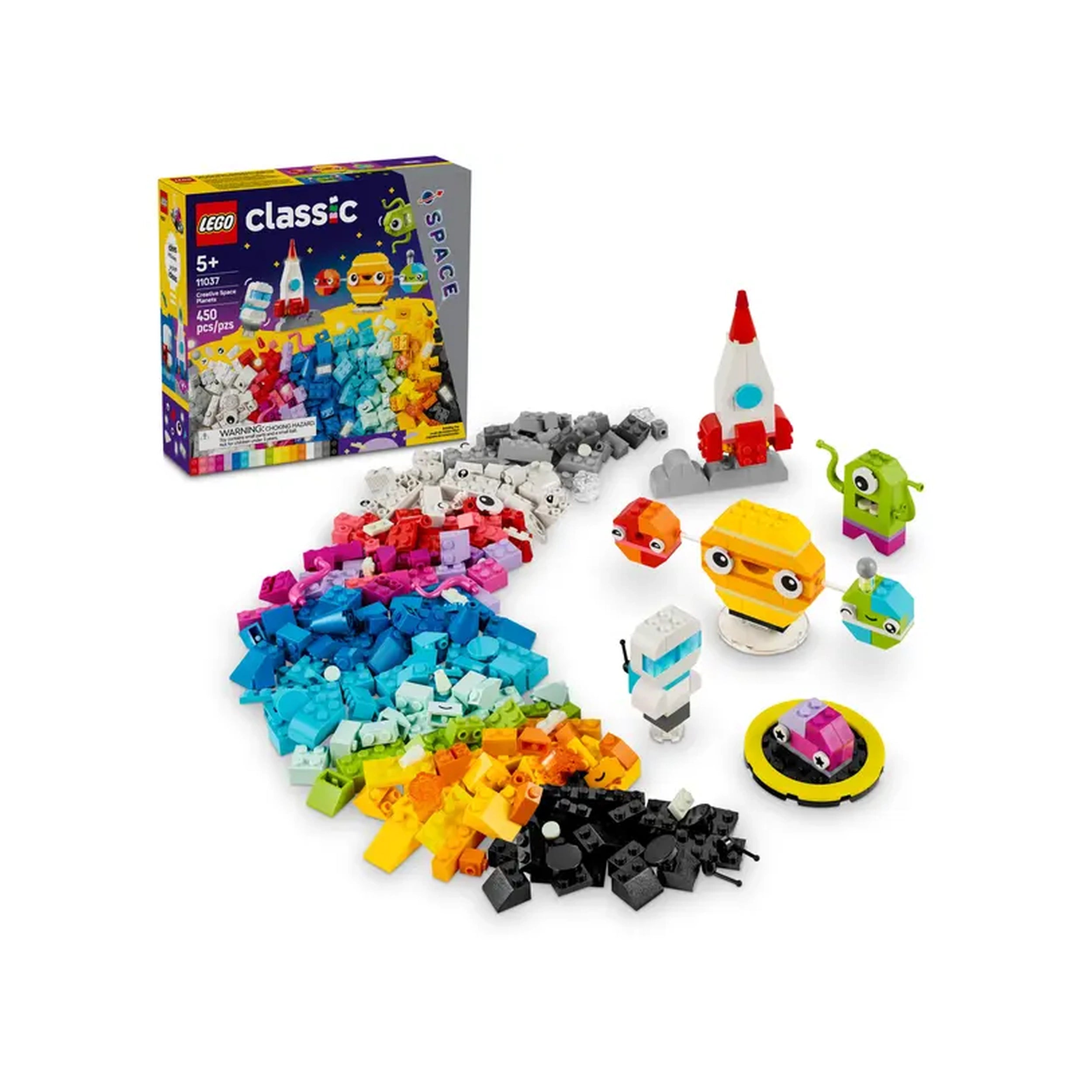 Colorful LEGO® bricks scattered around a vibrant box of the Classic Creative Space Planets set. Visible models include a rocket ship, astronaut, friendly alien, and mini solar system elements.