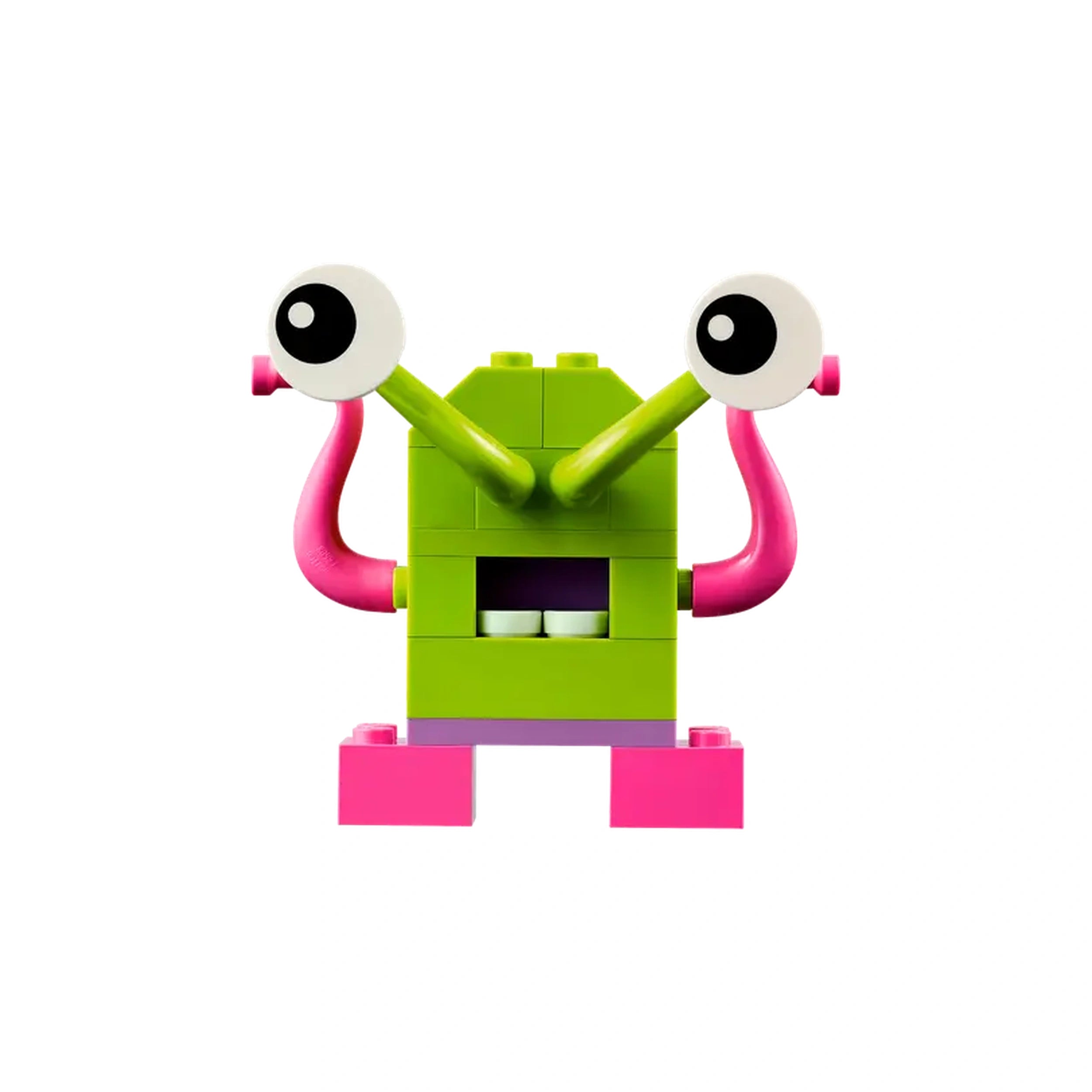 Colorful LEGO alien character with a green body, pink arms, and large white eyes, designed for imaginative play.