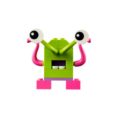 Colorful LEGO alien character with a green body, pink arms, and large white eyes, designed for imaginative play.