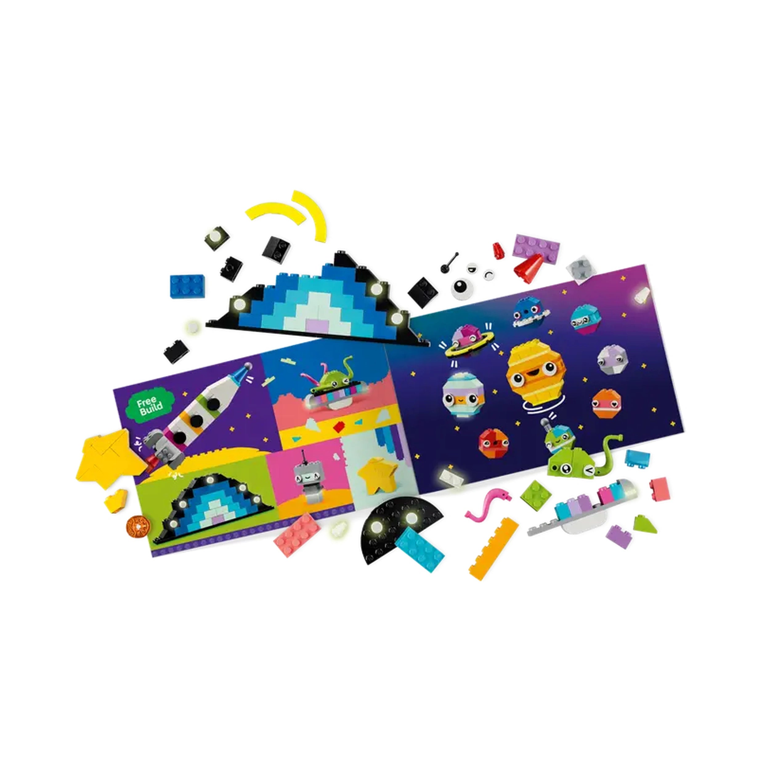 Colorful LEGO bricks scattered around vibrant space-themed build instructions featuring rockets, aliens, and planets.