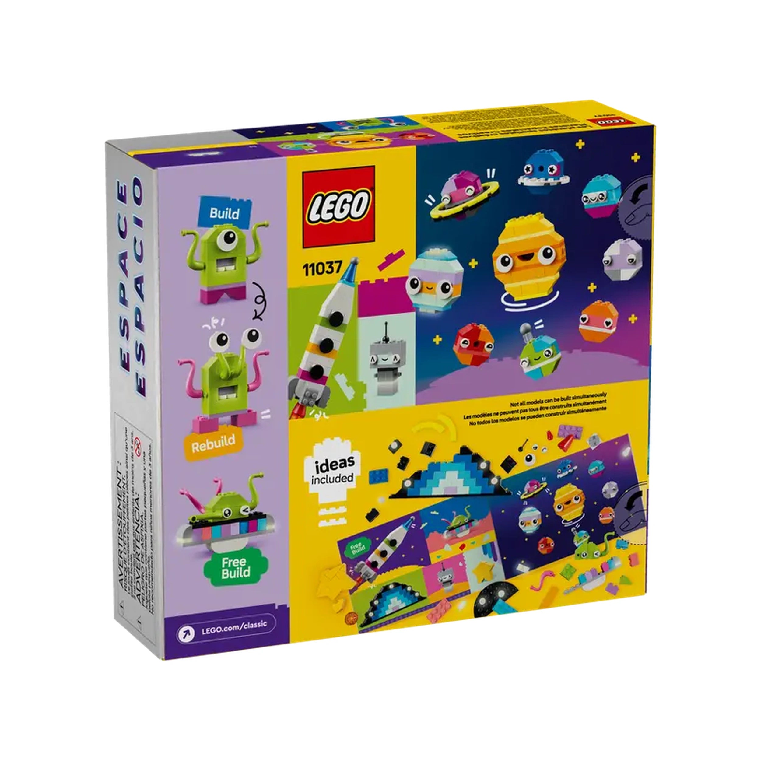 LEGO Classic Creative Space Planets set box featuring colorful space-themed characters, including a rocket ship, aliens, and planets, with instructions for various builds.