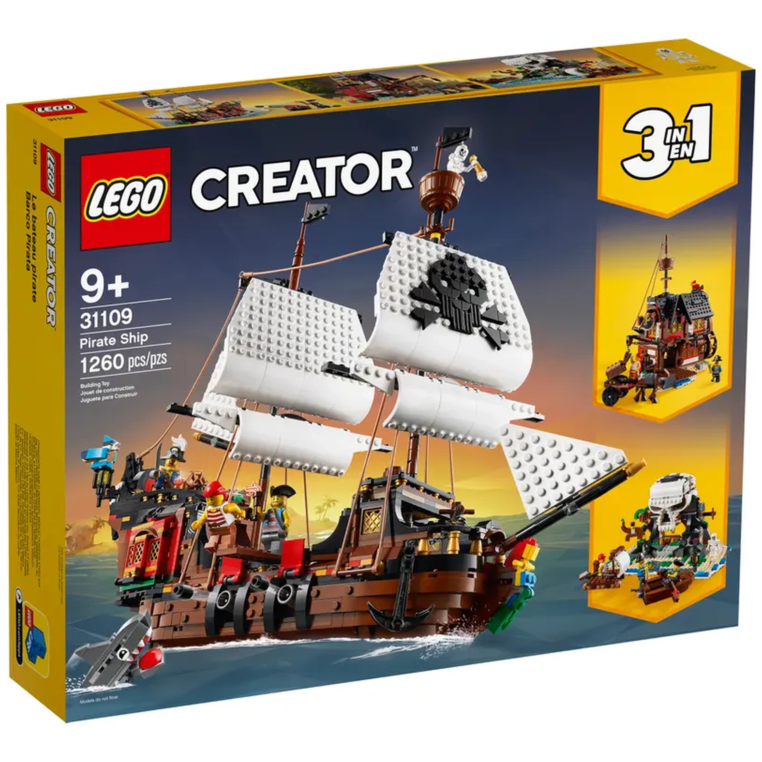 LEGO Creator 3in1 Pirate Ship set showcasing a detailed pirate ship with white sails, realistic cannons, and three minifigures, set against a vibrant background.
