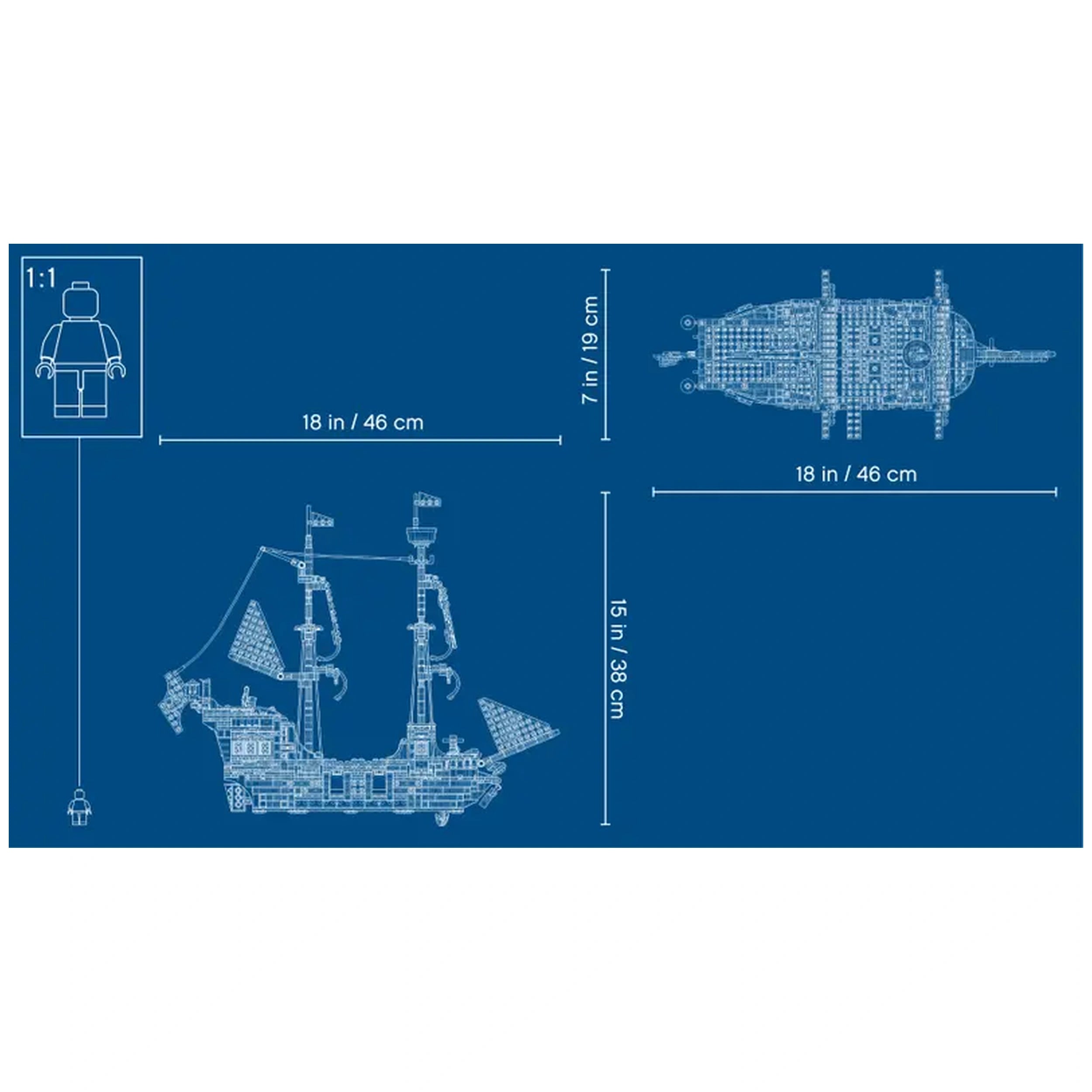 LEGO Creator 3in1 Pirate Ship construction set design, showcasing dimensions of 18 inches wide and 15 inches tall, with detailed side and top views.