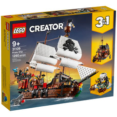 LEGO Creator 3in1 Pirate Ship set showcasing a detailed pirate ship with white sails, realistic cannons, and three minifigures, set against a vibrant background.