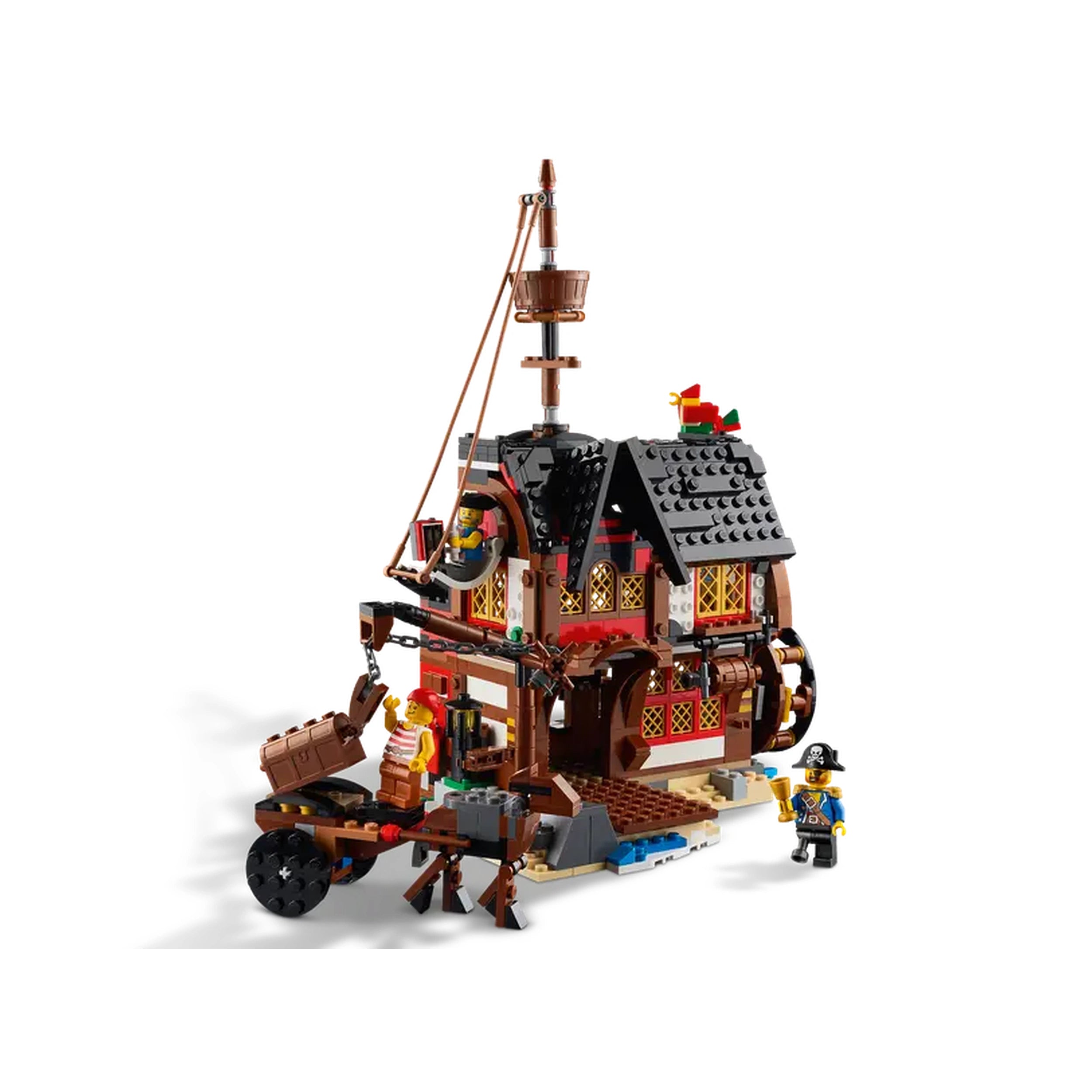 Colorful LEGO® Creator 3in1 Pirate Ship construction set featuring a detailed ship with moving sails, three minifigures, and a treasure chest.
