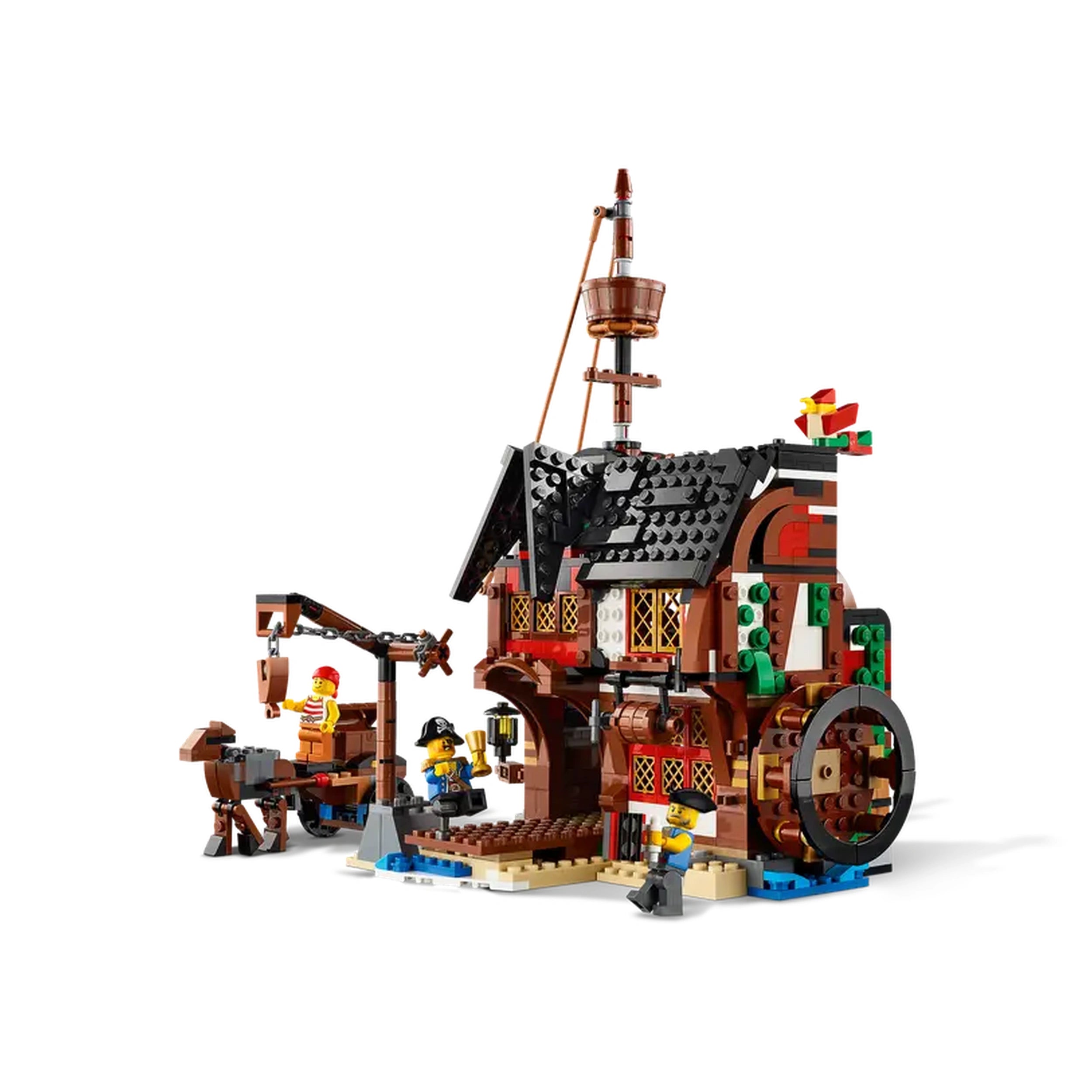 Intricate LEGO pirate ship construction set, featuring three minifigures, a rotating mast, and detailed cabin. Built for imaginative play.