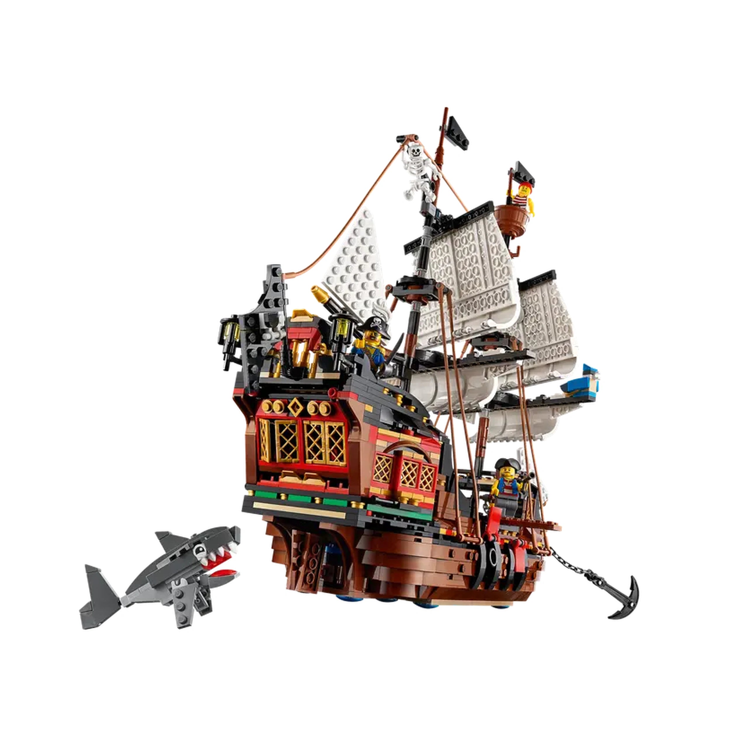 LEGO® Creator 3in1 Pirate Ship set featuring a detailed ship with moving sails, two pirate minifigures, and a grey shark.
