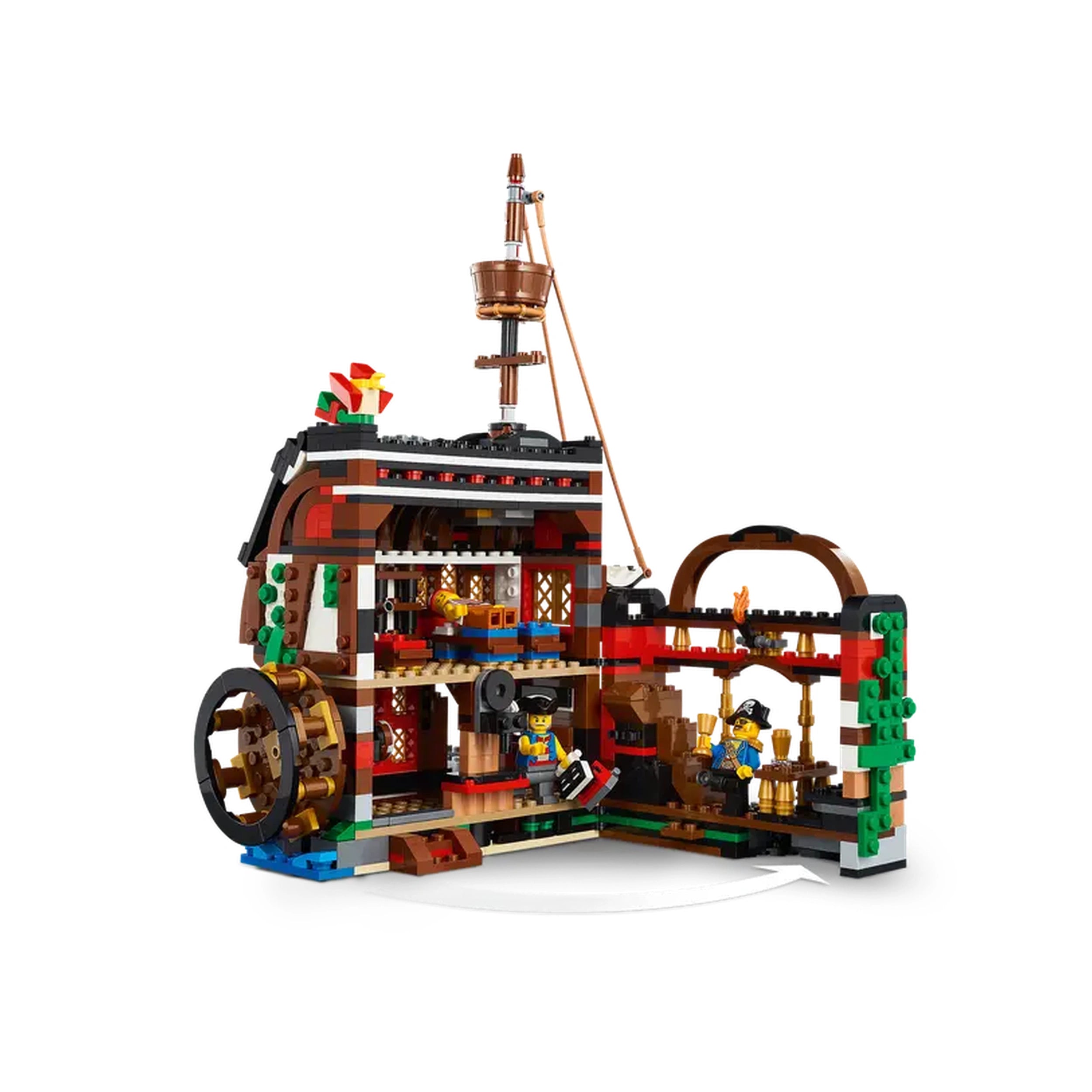 Detailed LEGO Creator 3in1 Pirate Ship set showing intricate design elements, including a cabin with open sides, moving sails, and three minifigures.
