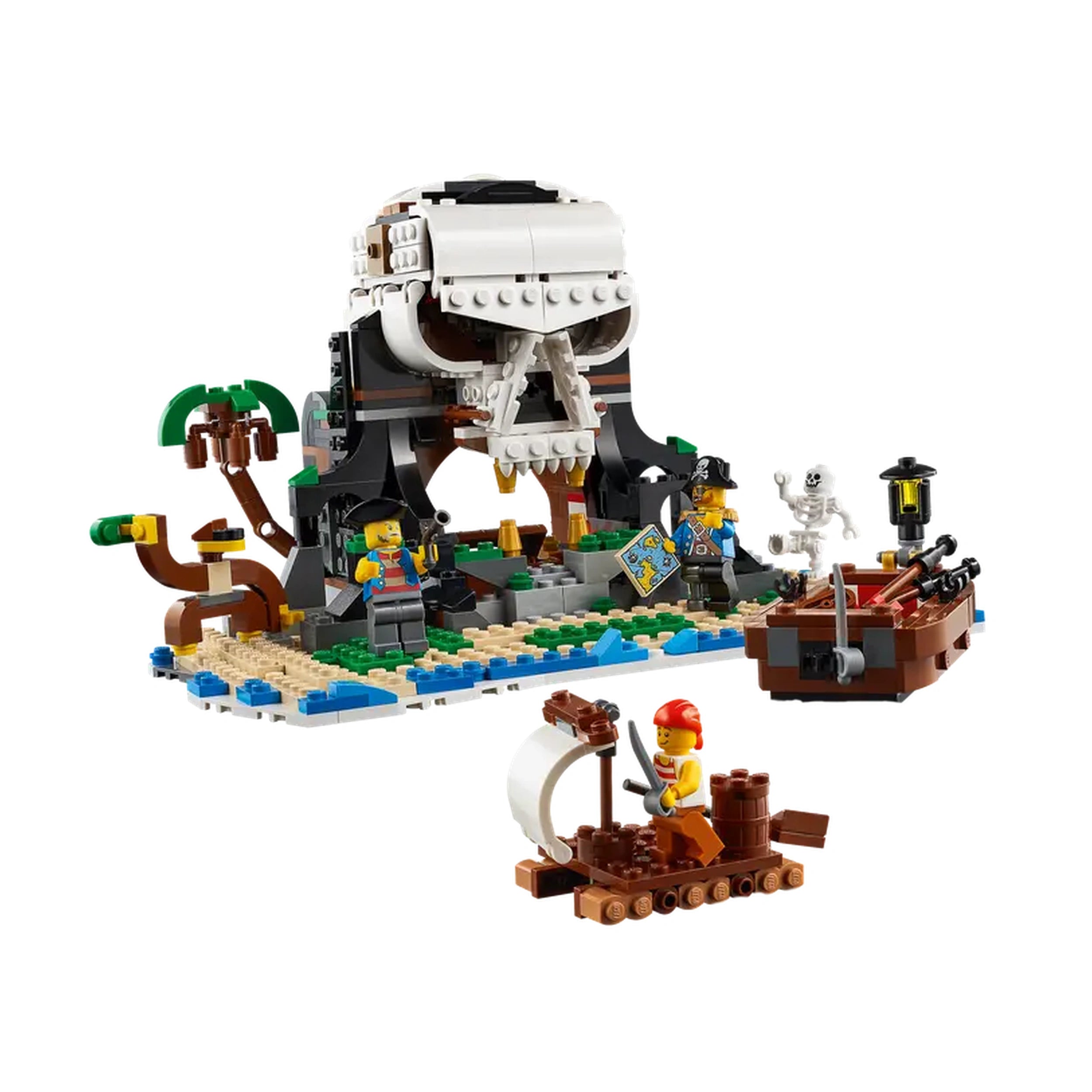 LEGO Creator 3in1 Pirate Ship set featuring a treasure island with a skull-shaped cave, pirate minifigures, and a small boat.