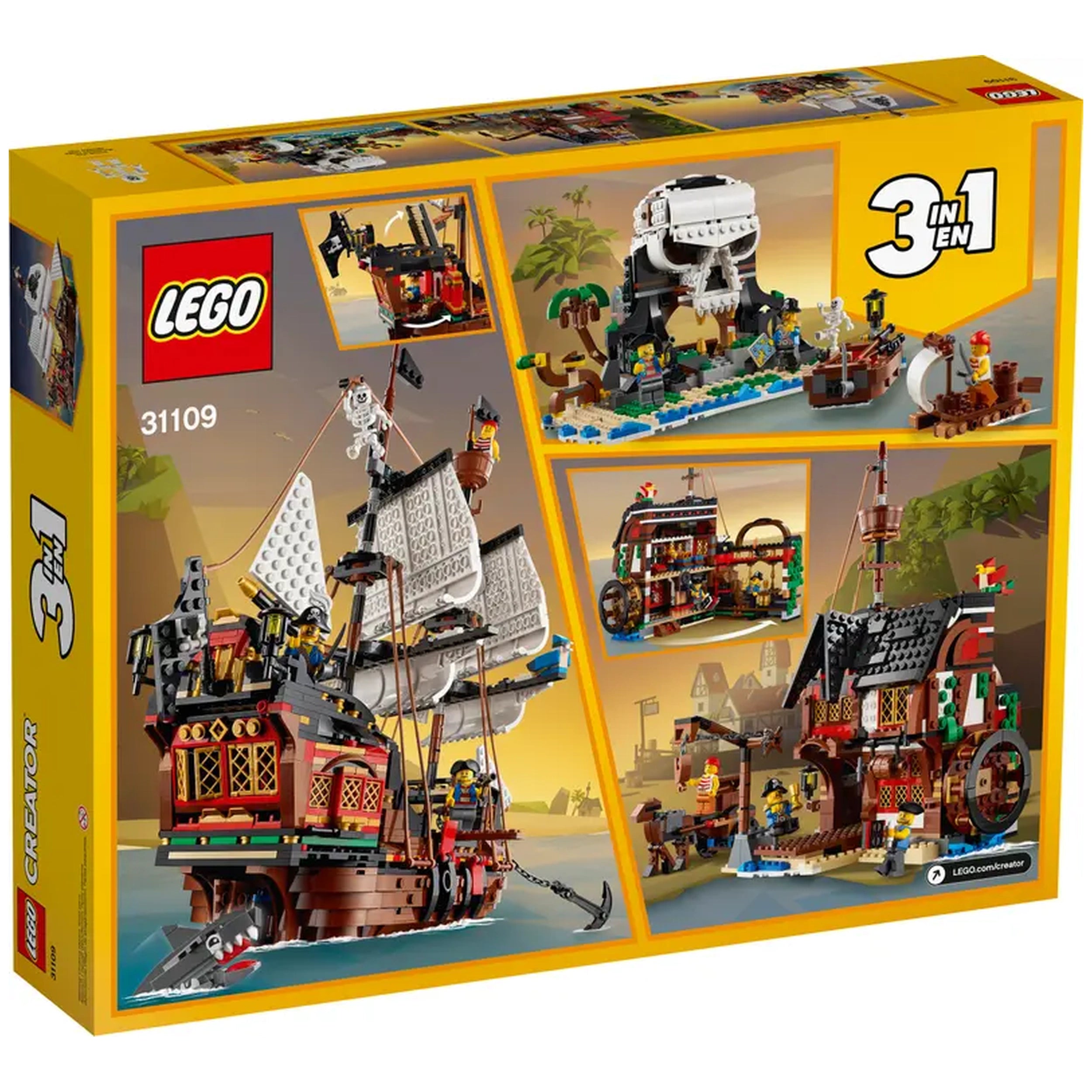 LEGO® Creator 3in1 Pirate Ship set featuring a detailed ship with moving sails, cannons, and minifigures, set against a vibrant background.