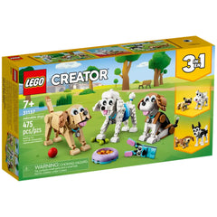 LEGO Creator 3in1 Adorable Dogs construction set featuring a beagle, poodle, and Labrador with accessories like a food bowl and ball, set outdoors.
