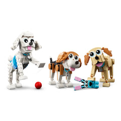 Three adorable LEGO® dogs in various colors—white poodle, brown beagle, and tan Labrador—play with toys and a red ball.