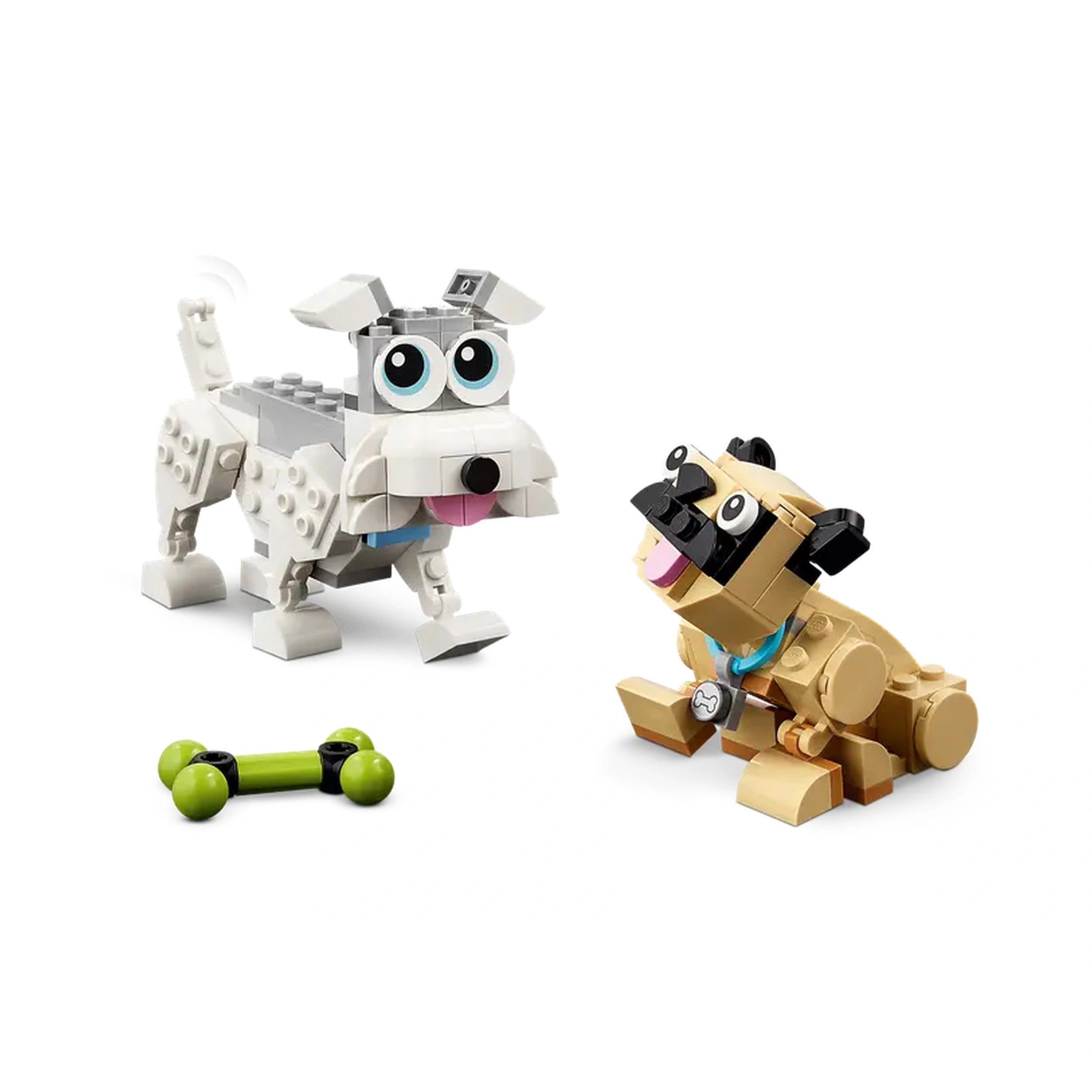 Two LEGO® construction set dogs: a playful white dog with big blue eyes and a cheerful tan pug, alongside a green dog bone toy.