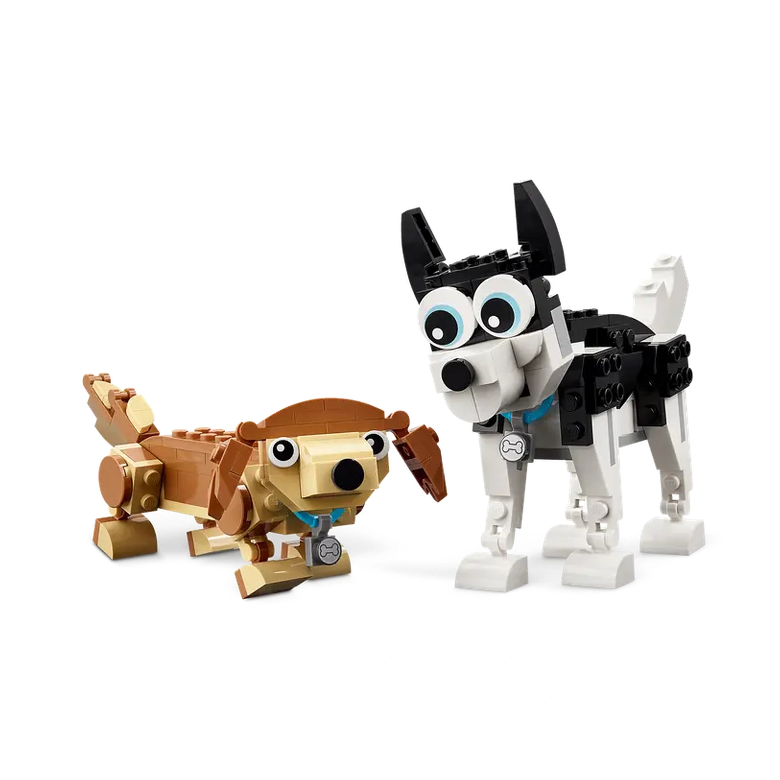Two LEGO® dog models: a brown and tan dachshund with a blue collar and a black and white husky, both with large, expressive eyes.
