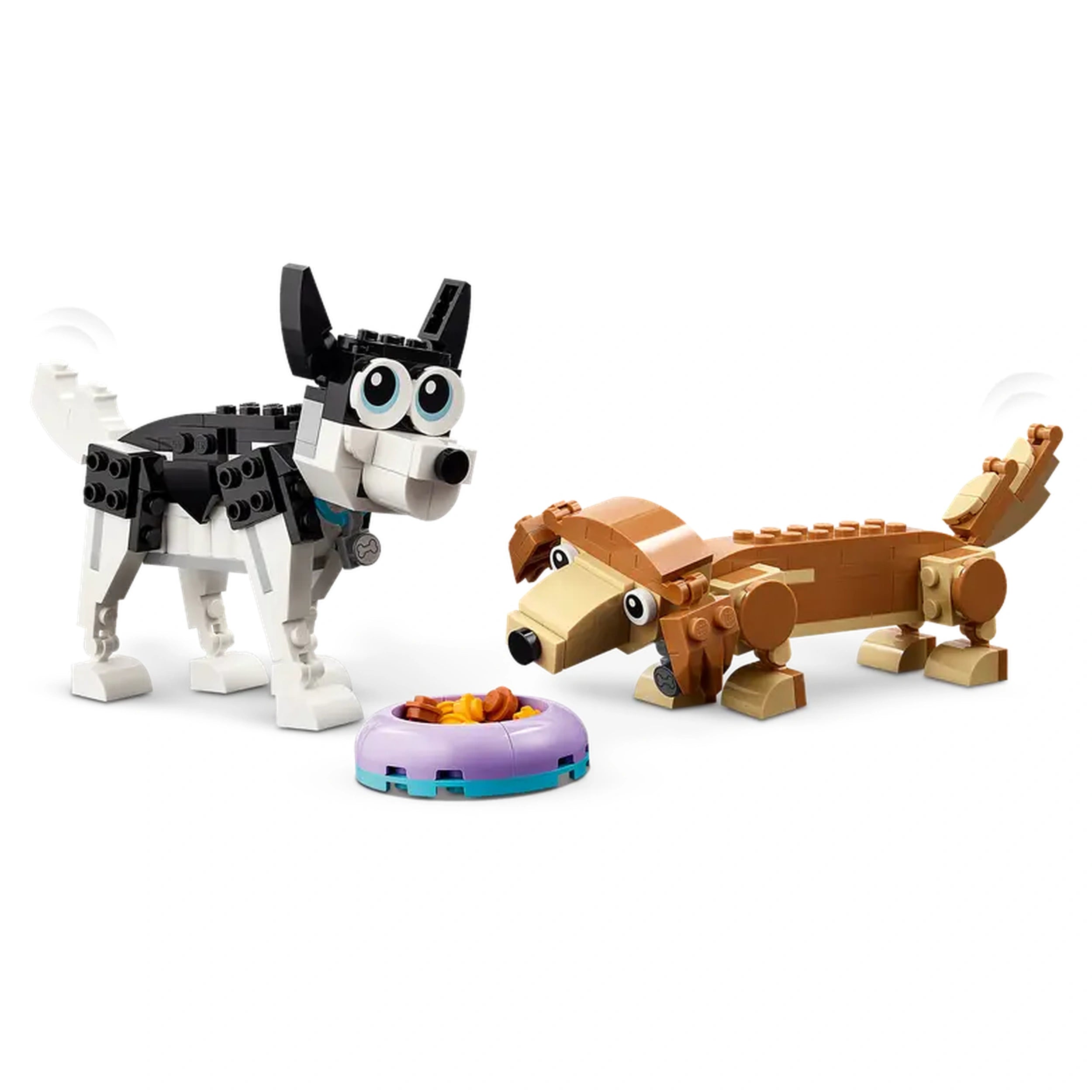 Two cute LEGO dog figures, a black-and-white dog and a brown dachshund, beside a colorful food bowl filled with kibble.