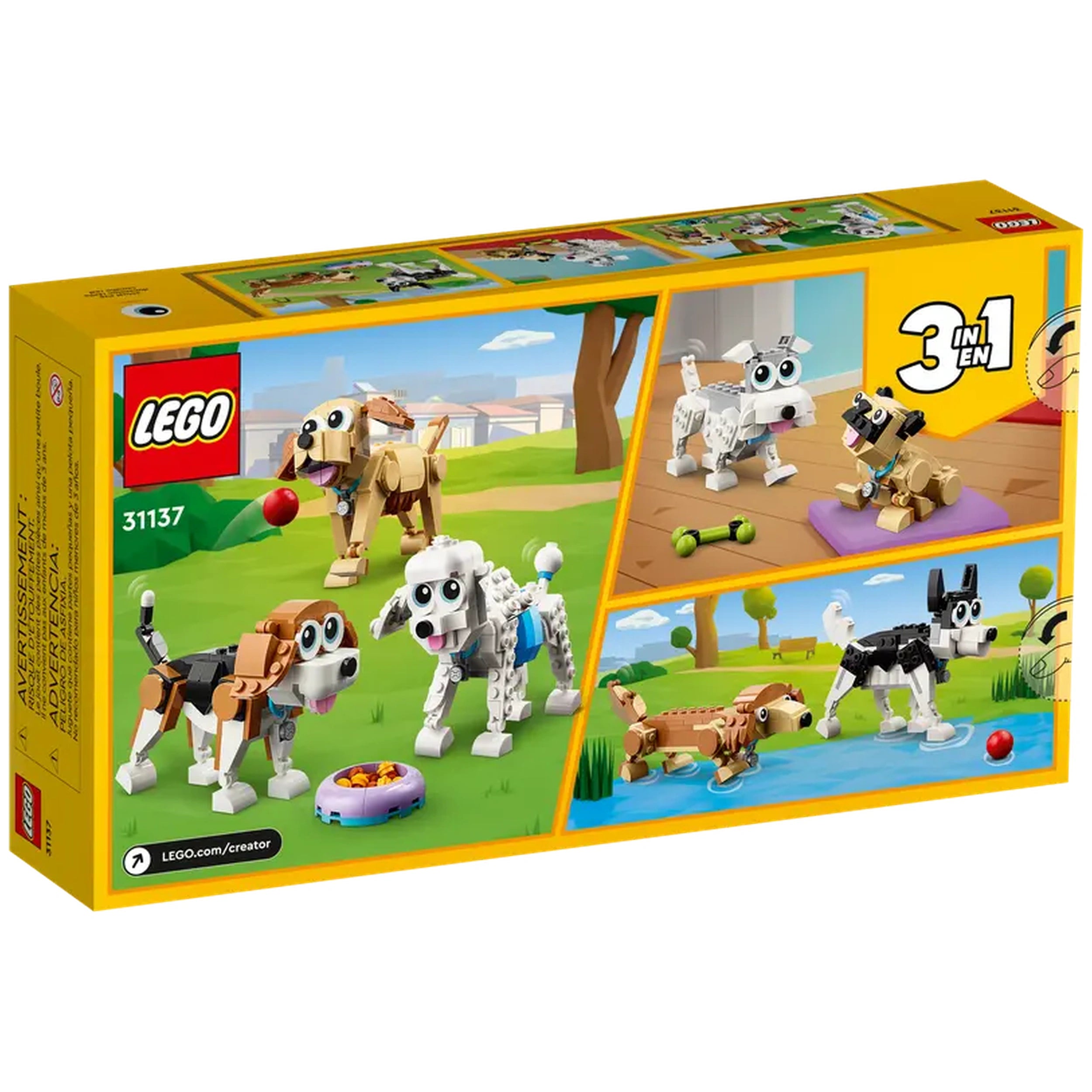 LEGO Creator 3in1 Adorable Dogs set (31137) packaging displays three playful dogs: a beagle, poodle, and Labrador, set in a vibrant outdoor scene with trees and blue skies, showcasing various play scenarios and accessories.