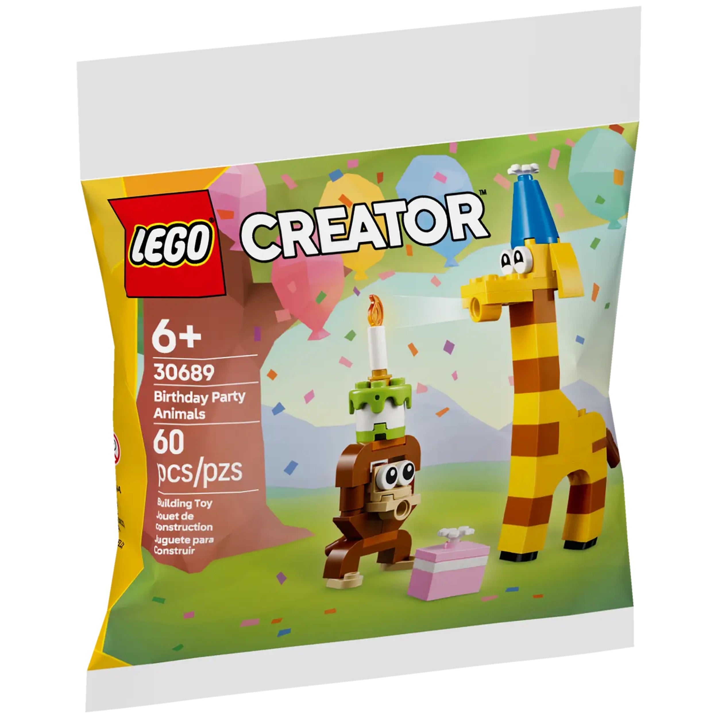 Lego Creator Birthday Party Animals set featuring a cheerful giraffe wearing a party hat, a monkey with a birthday cake, and a colorful gift box in a festive setting.