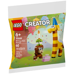 Lego Creator Birthday Party Animals set featuring a cheerful giraffe wearing a party hat, a monkey with a birthday cake, and a colorful gift box in a festive setting.