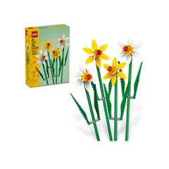 LEGO Creator Daffodils set featuring two yellow and two white flowers with green stems, displayed beside the colorful box.