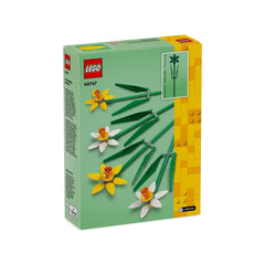 LEGO Creator Daffodils construction set featuring two yellow daffodils and two white daffodils against a green background, displayed on a boxed packaging.