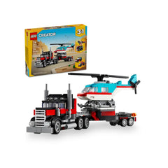 LEGO® Creator Flatbed Truck with Helicopter (31146) set featuring a red and black truck towing a blue and white helicopter, with a colorful box in the background.