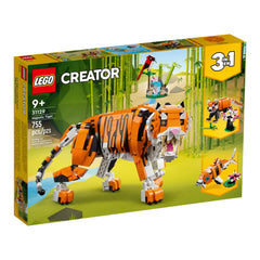 LEGO® Creator 3in1 Majestic Tiger construction set featuring a vibrant orange tiger with articulated limbs, surrounded by jungle elements.
