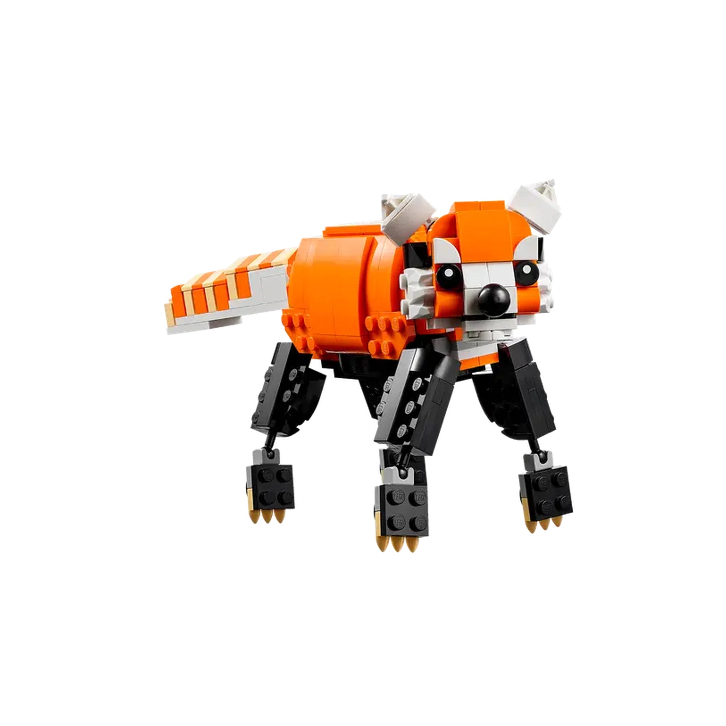 Posable LEGO® Creator Majestic Tiger, featuring vibrant orange and black bricks, with expressive eyes and articulated limbs, ready for creative play.