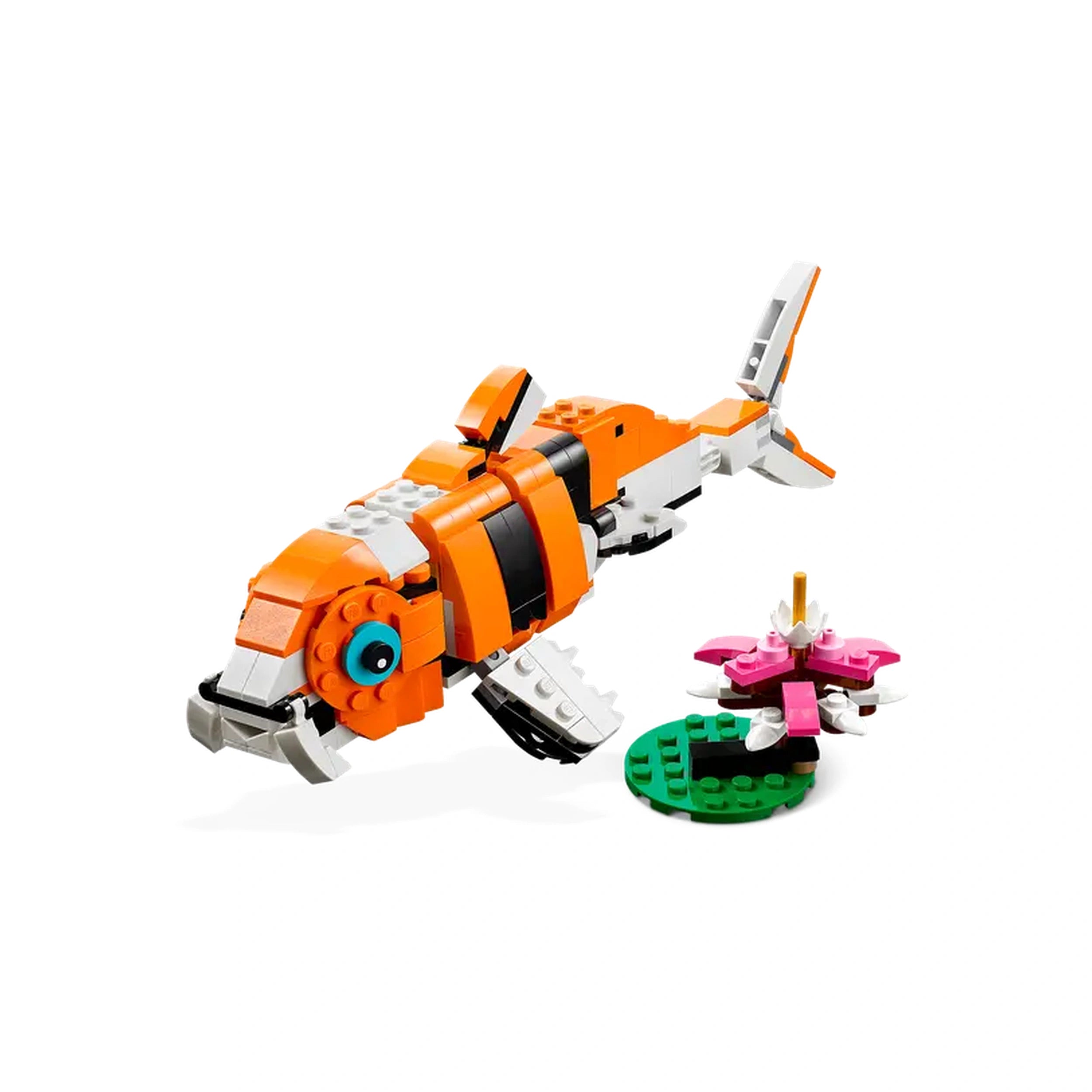 Brightly colored LEGO® creation featuring an orange and white koi fish with a blue eye, alongside a pink flower on a green lily pad.