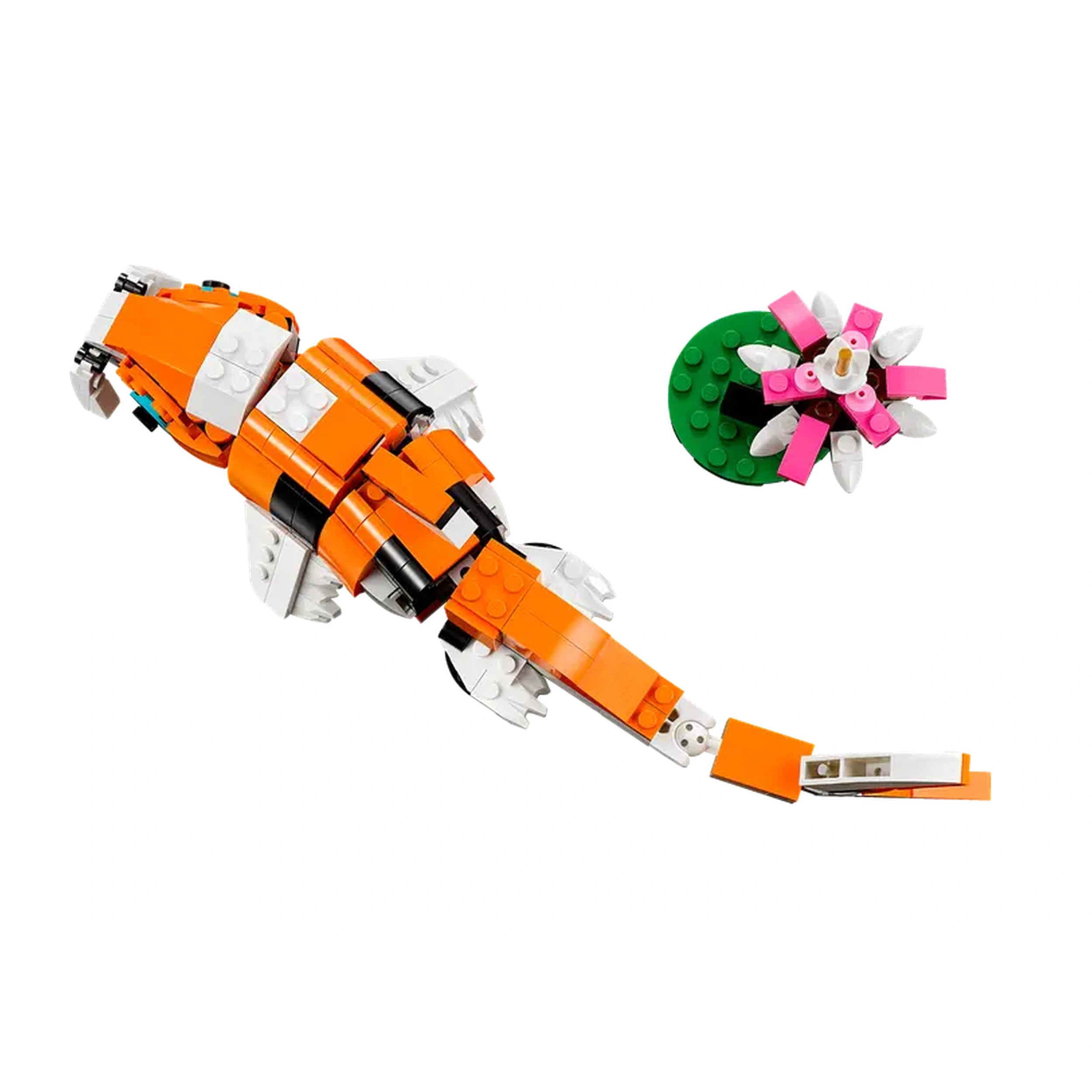 Orange and black LEGO® tiger with articulated limbs positioned near a green base featuring a pink flower, showcasing creativity and playfulness.