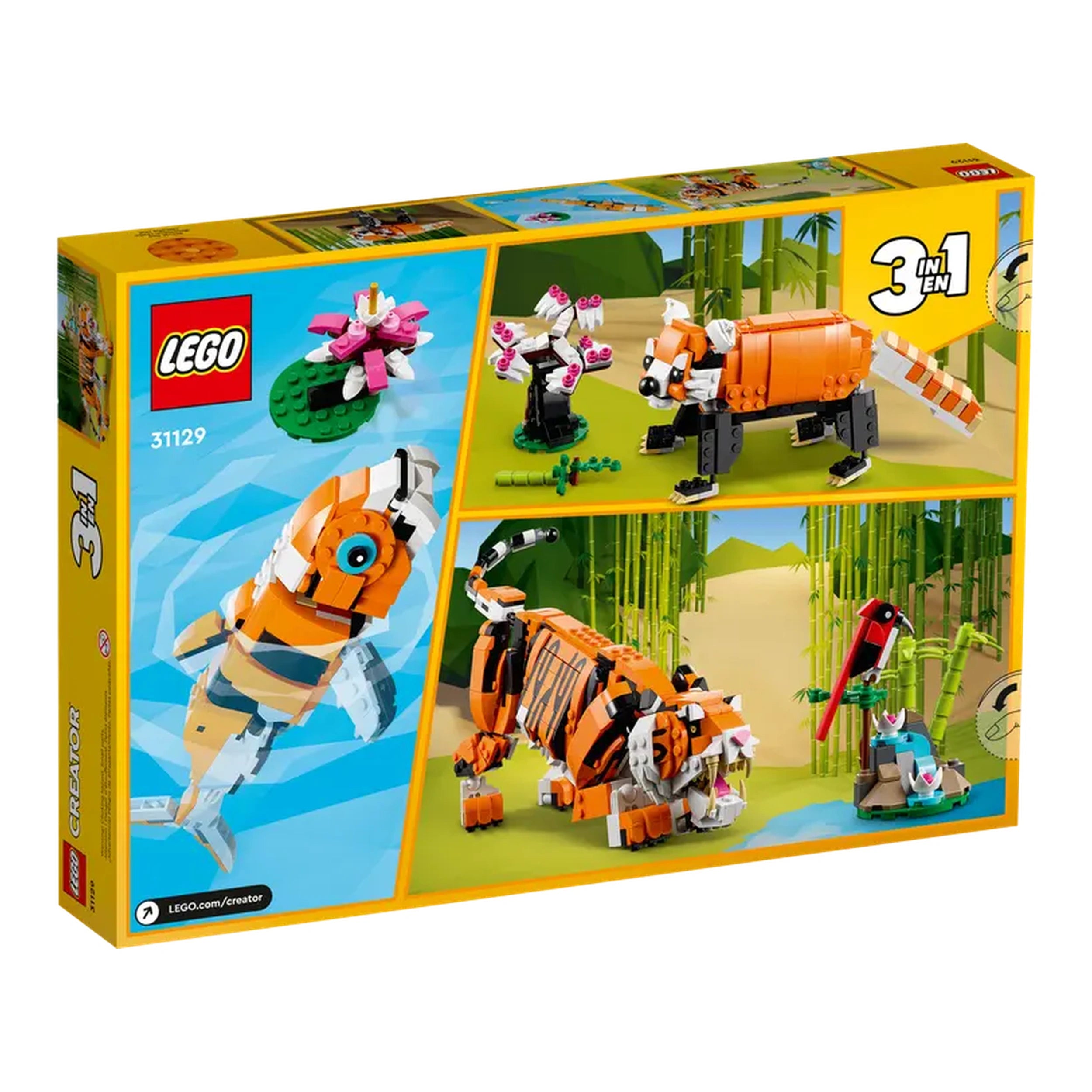 LEGO® Creator 3in1 Majestic Tiger construction set box featuring a posable tiger, red bird, and tree against a vibrant background.