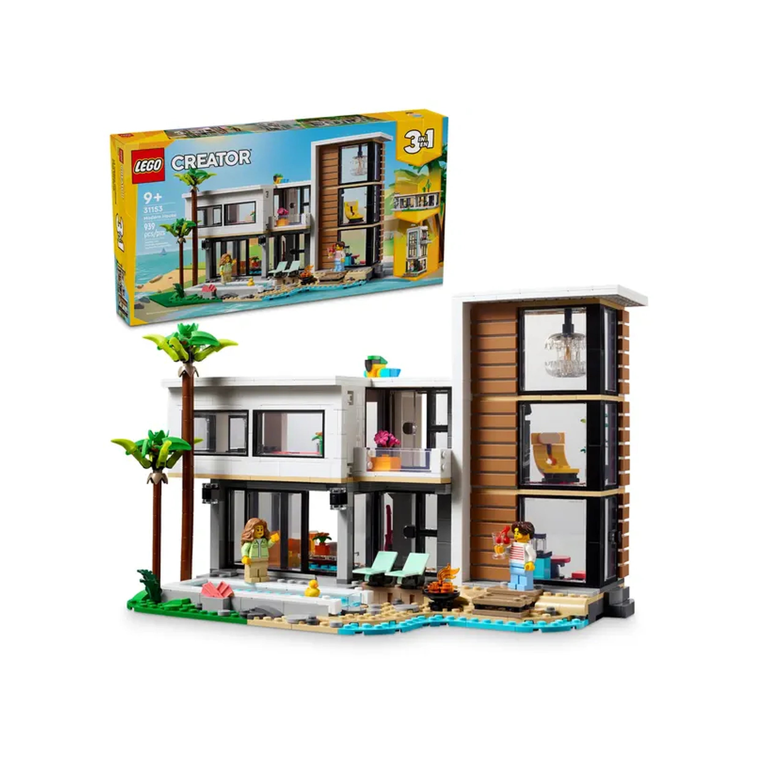 LEGO Creator Modern House set featuring a two-story beach house with modern furnishings, a swimming pool, two palm trees, and two minifigures.