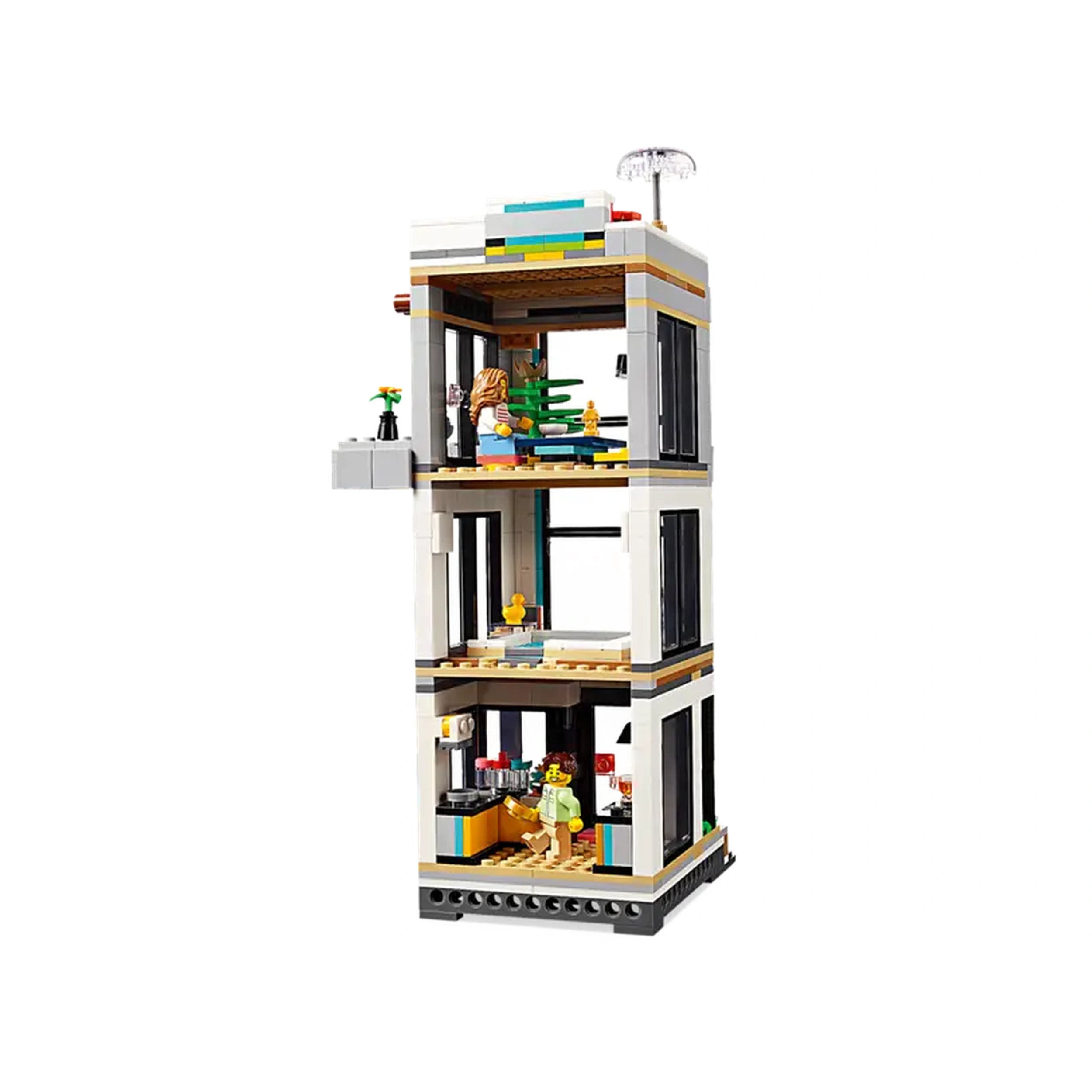 Modern LEGO Creator beach house construction set with three colorful floors, windows, detailed rooms, and a small garden.