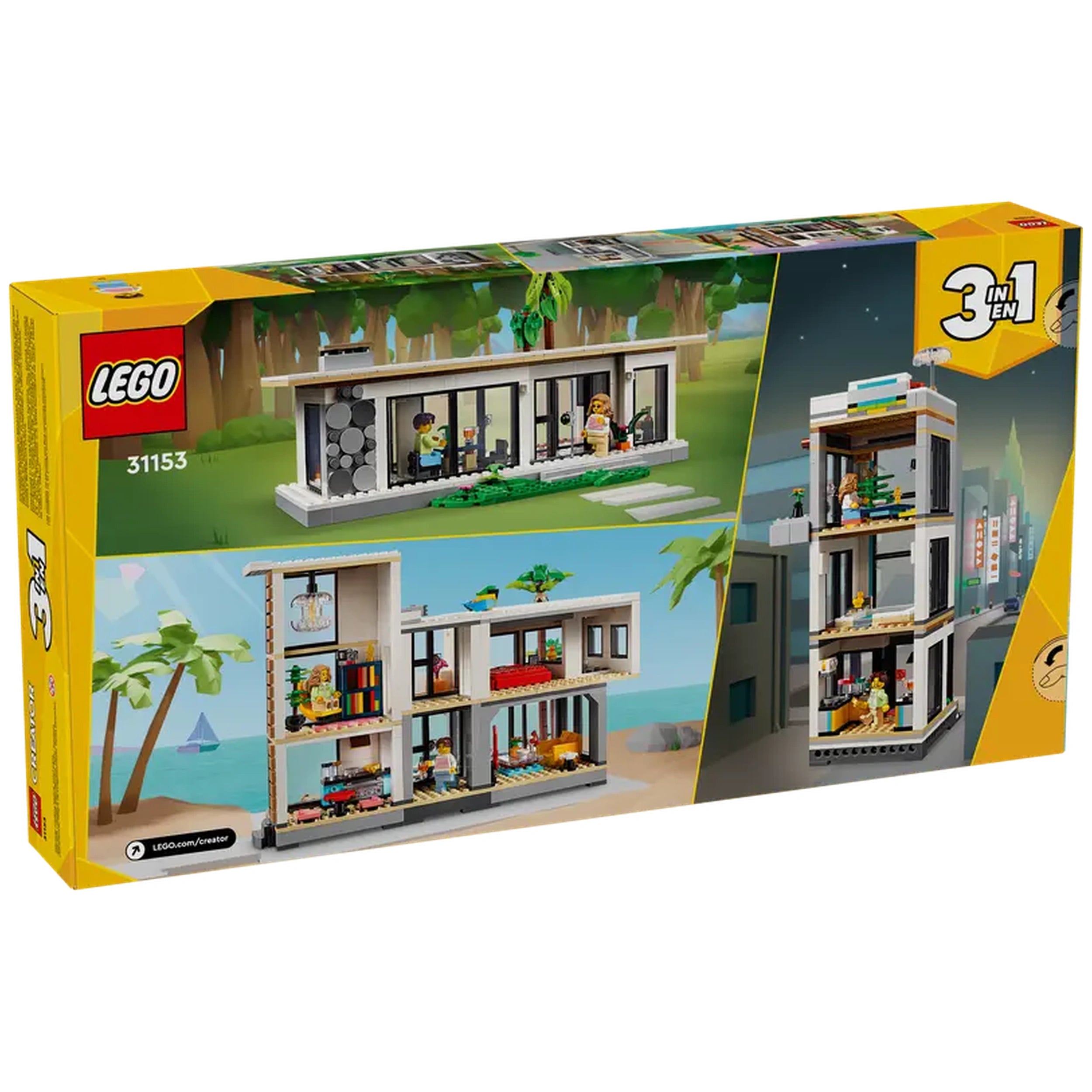 LEGO Creator Modern House Construction Set (31153) box featuring three house models: a beach house, forest cabin, and city building, with vibrant colors and playful scenes.